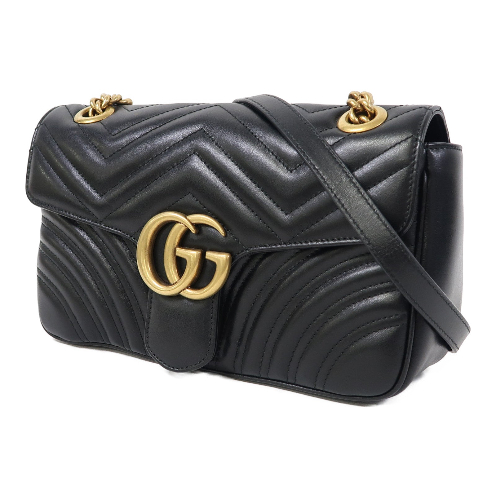 GUCCI 牛皮皮革GG Marmont金扣鏈帶肩背袋黑色