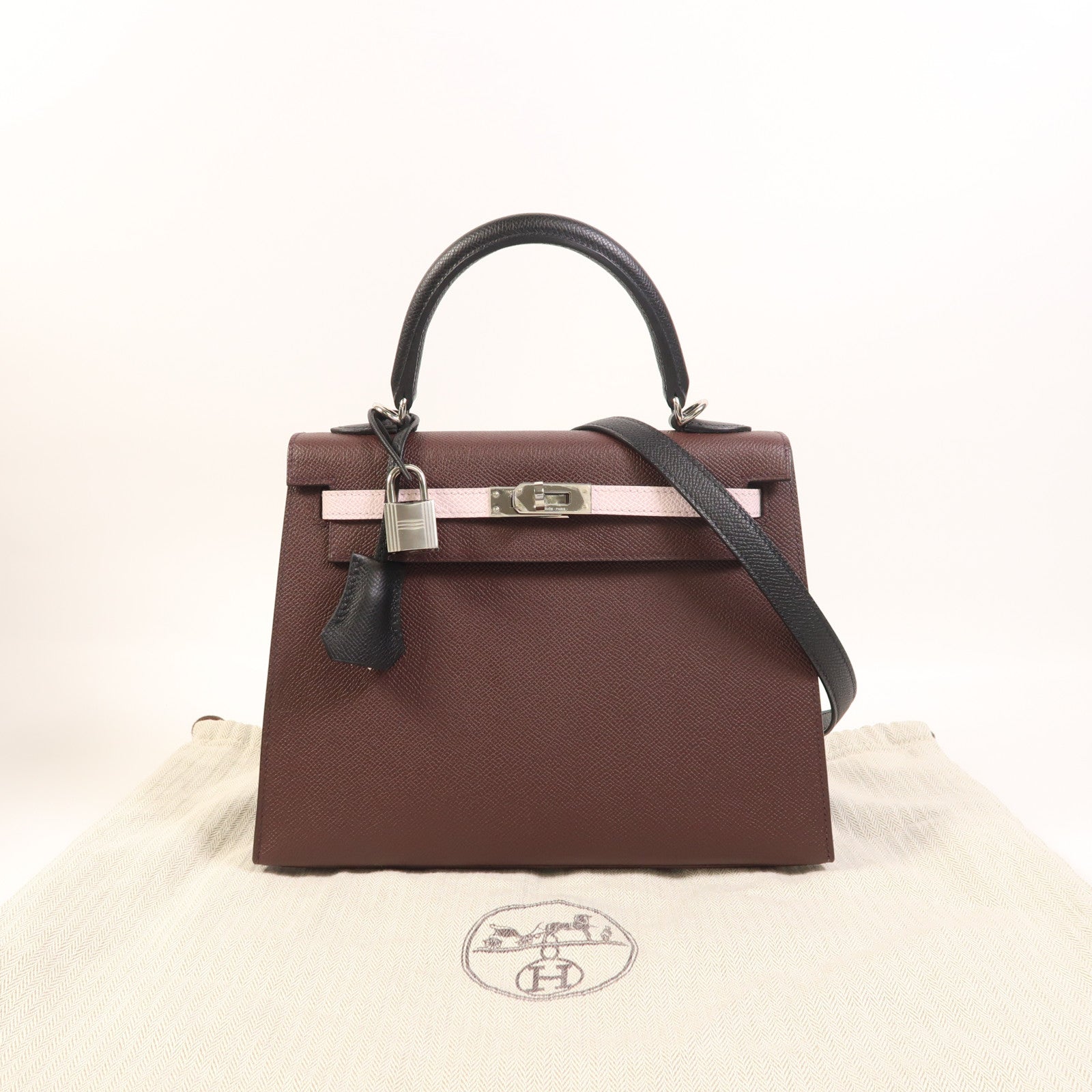 HERMES Epsom皮革Kelly 25銀扣手挽肩背兩用袋Rouge Sellier/Mauve Pale/Noir
