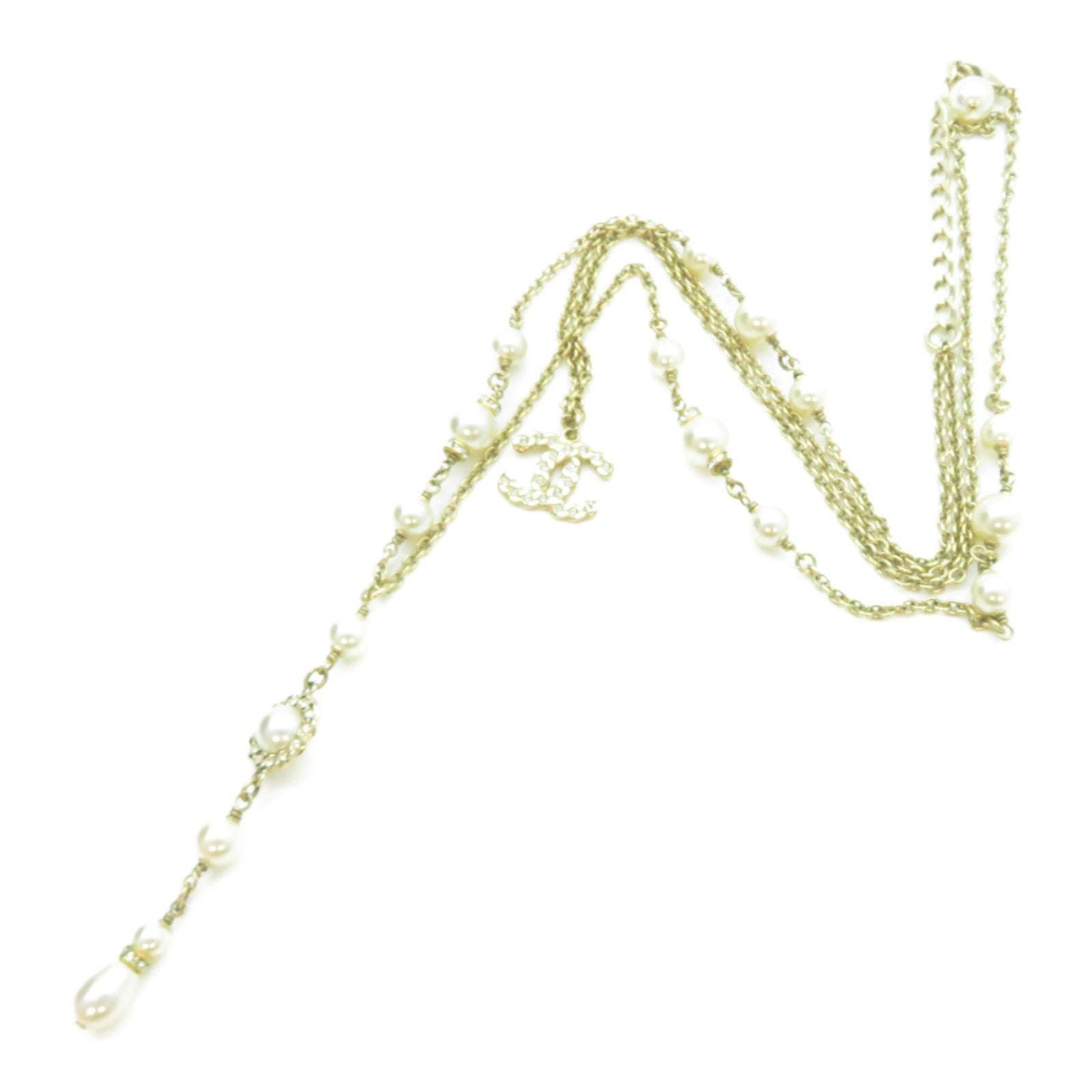 CHANEL 金屬CC Double Chain Pearl Necklace項鍊金色