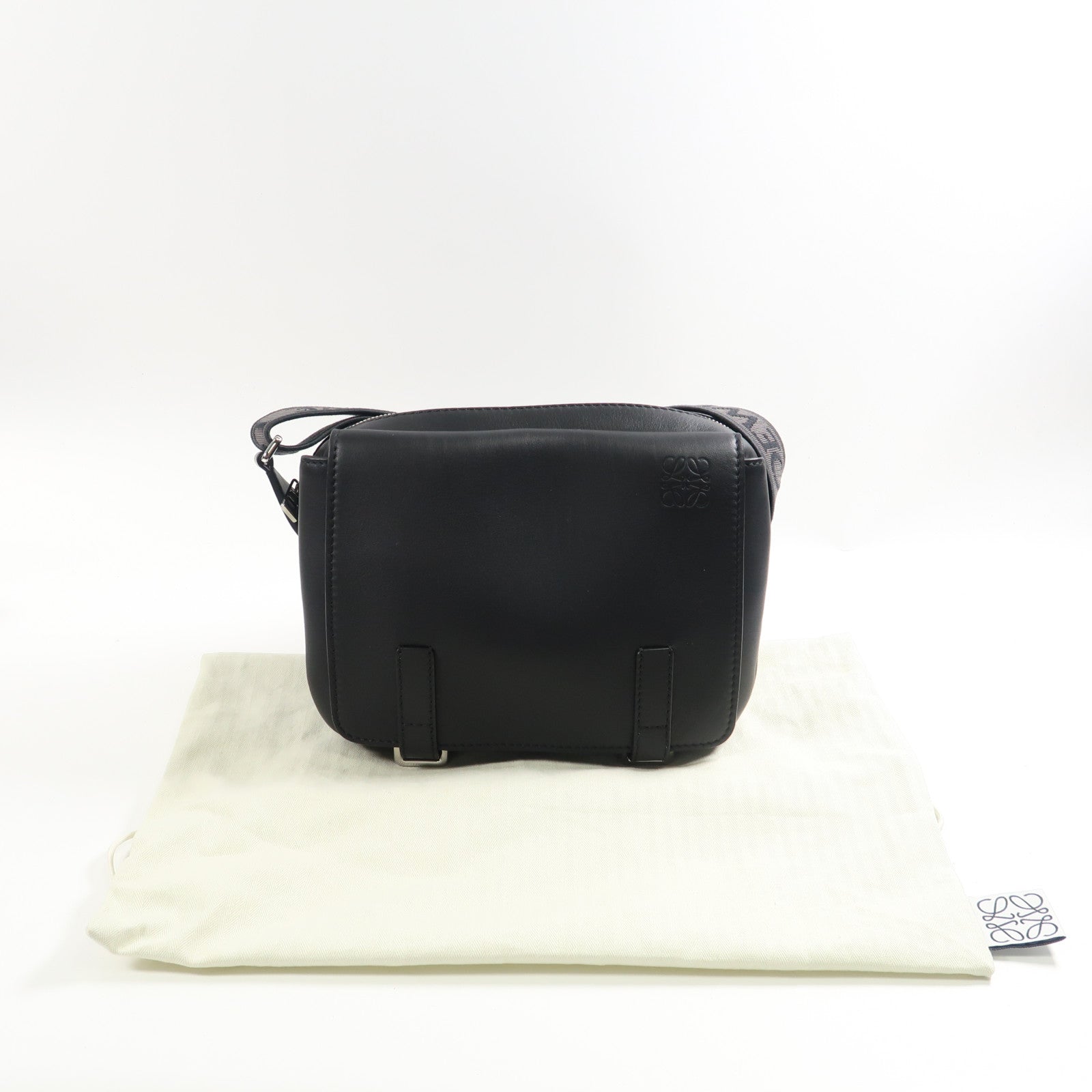 LOEWE SHW Military Messenger Bag Shoulder Bag Calfskin Leather Black