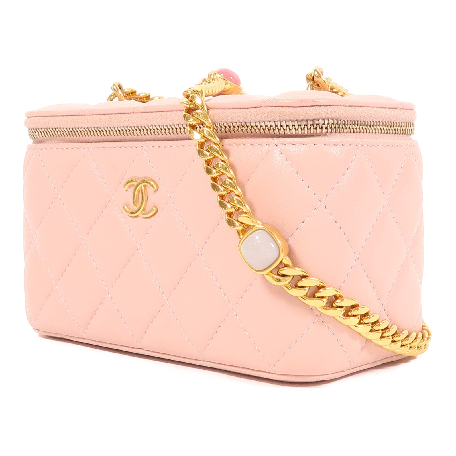 CHANEL CC GHW Vanity Case Chain Shoulder Bag Lambskin Leather Pink