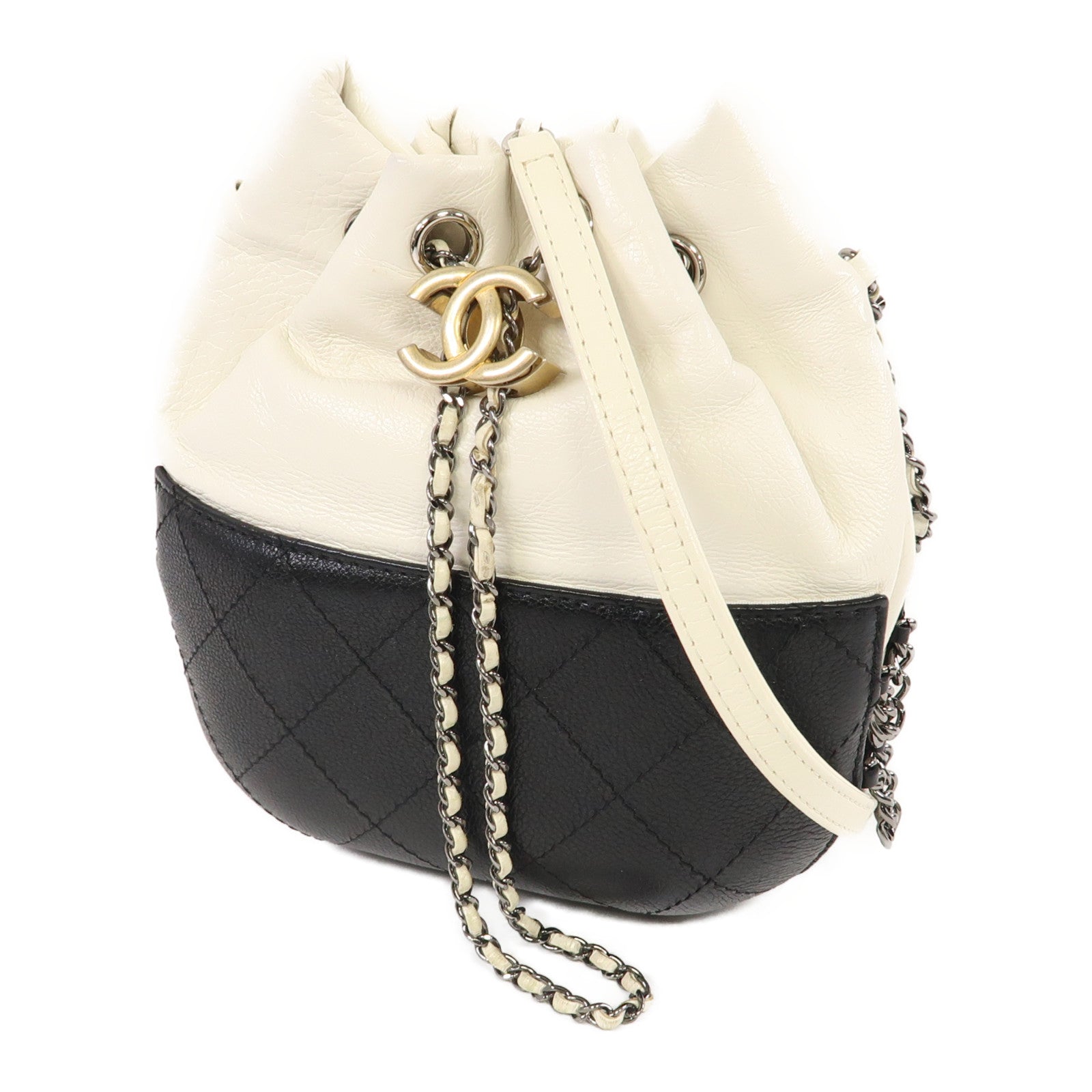 CHANEL 牛皮皮革Chain Shoulder鏈帶肩背袋黑色/白色