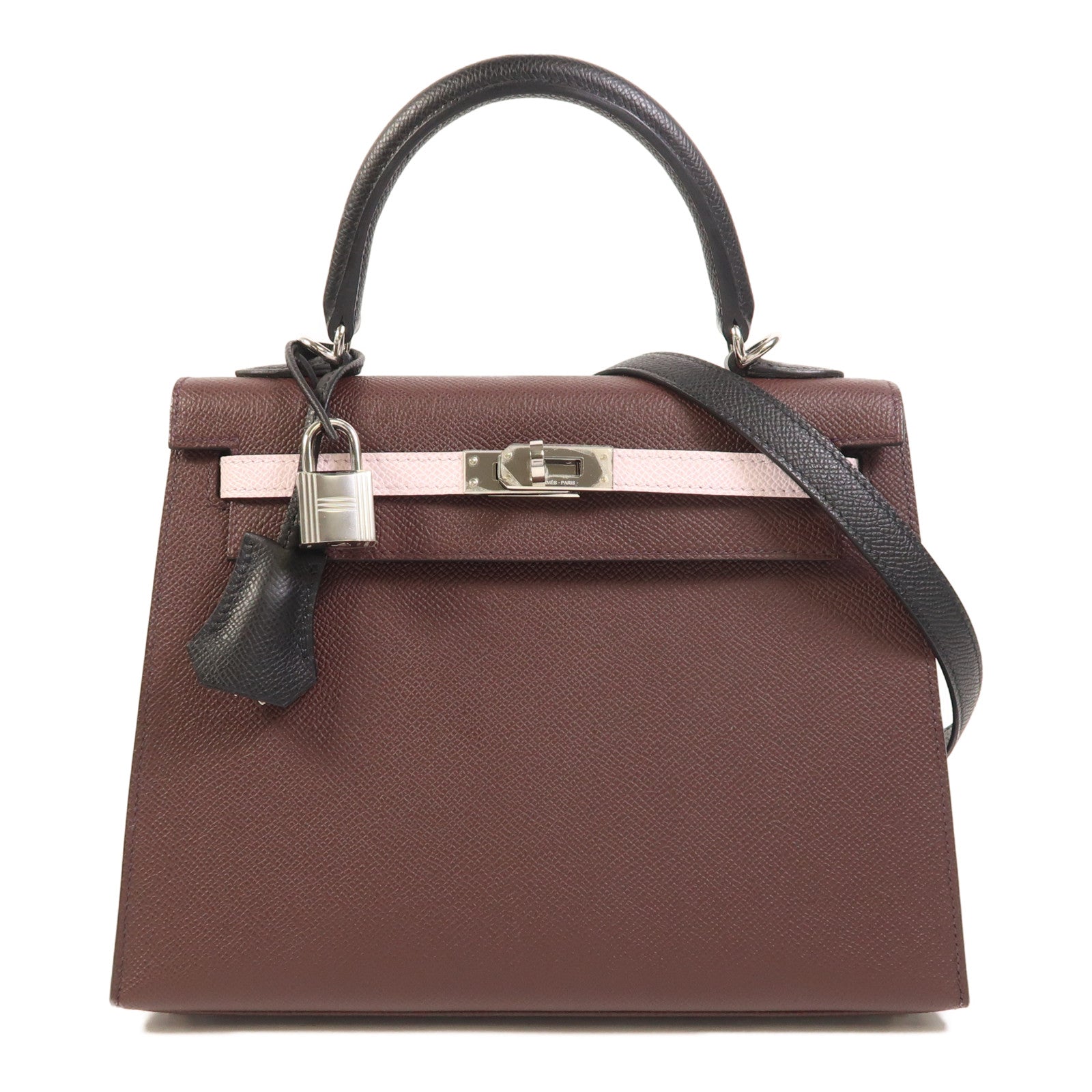 HERMES Epsom皮革Kelly 25銀扣手挽肩背兩用袋Rouge Sellier/Mauve Pale/Noir