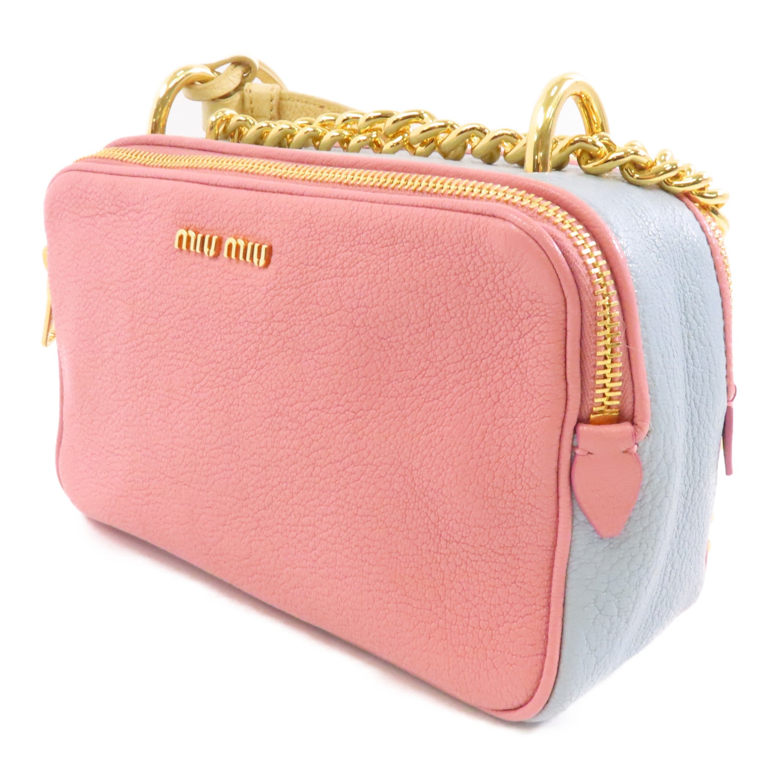 Miu Miu 牛皮皮革Chain Shoulder金扣鏈帶肩背袋粉紅色/淺藍色/淡黄色