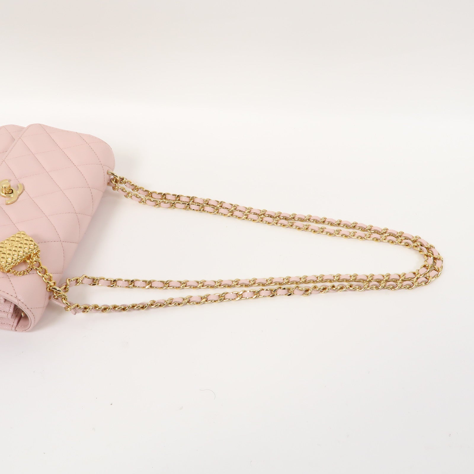 CHANEL 菱格牛皮皮革Chain Shoulder金扣鏈帶肩背袋粉紅色