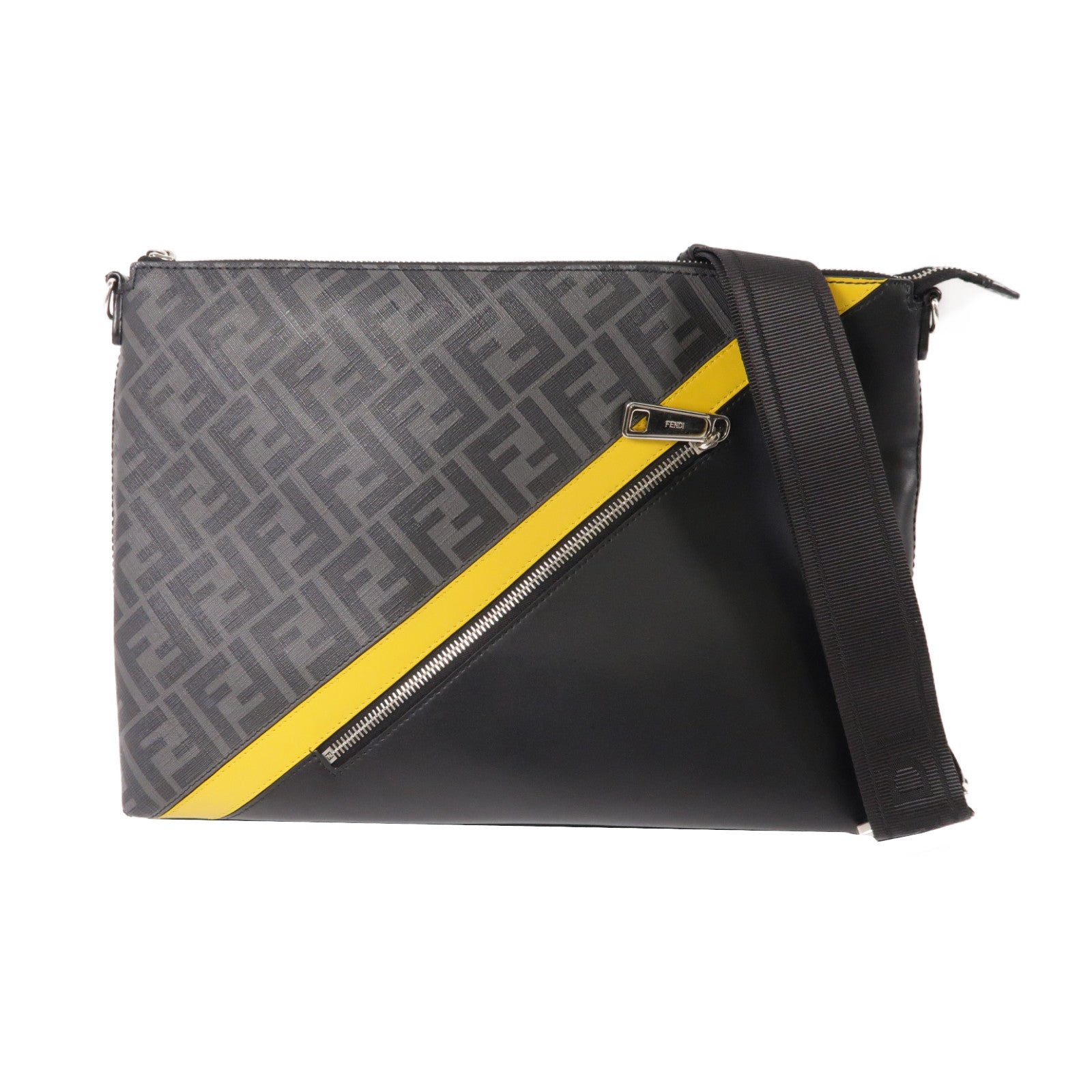 FENDI 塗層帆布/牛皮皮革Shoulder Bag銀扣肩背袋黑色/灰色/黃色