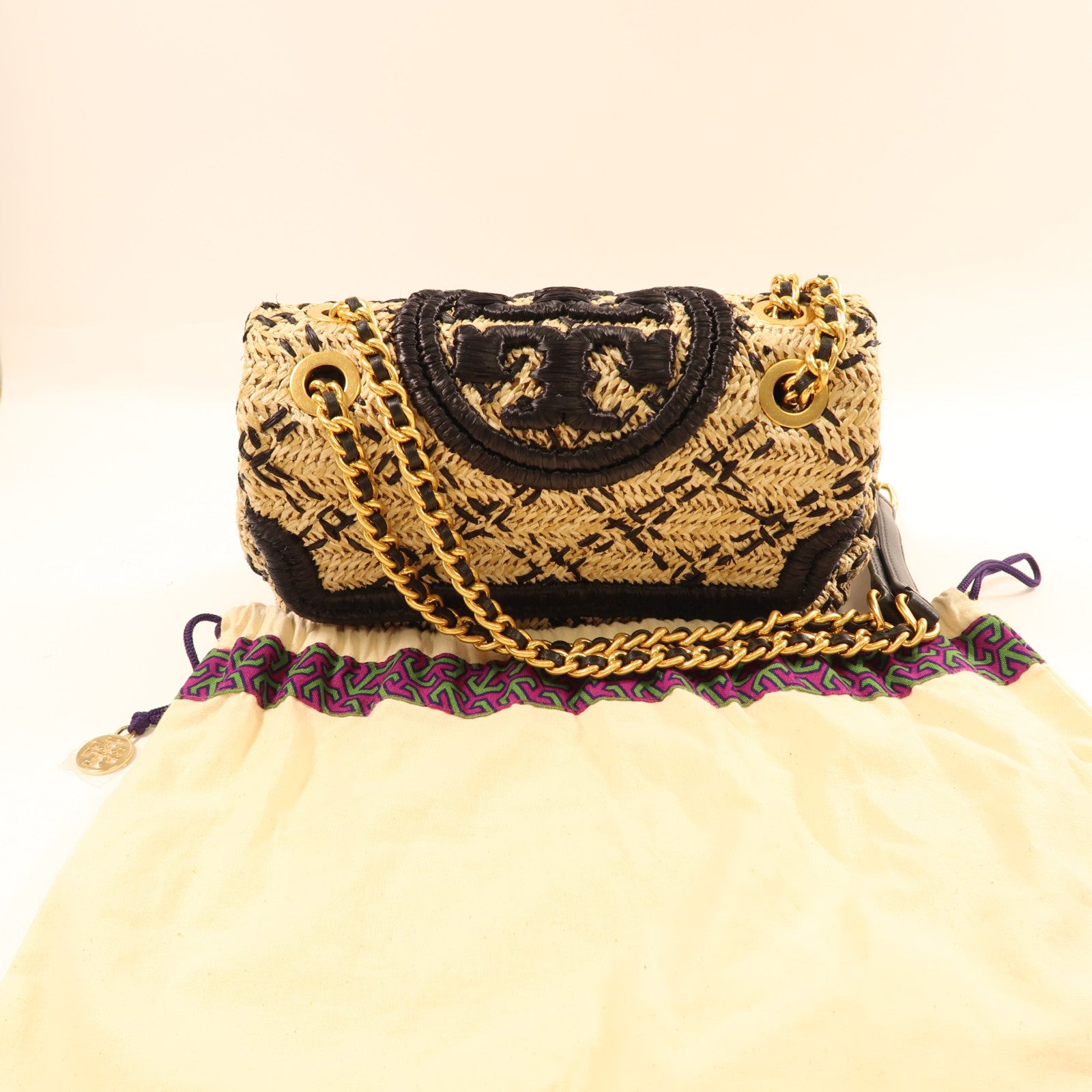 Tory Burch 藤料Chain Shoulder金扣鏈帶肩背袋米色/黑色