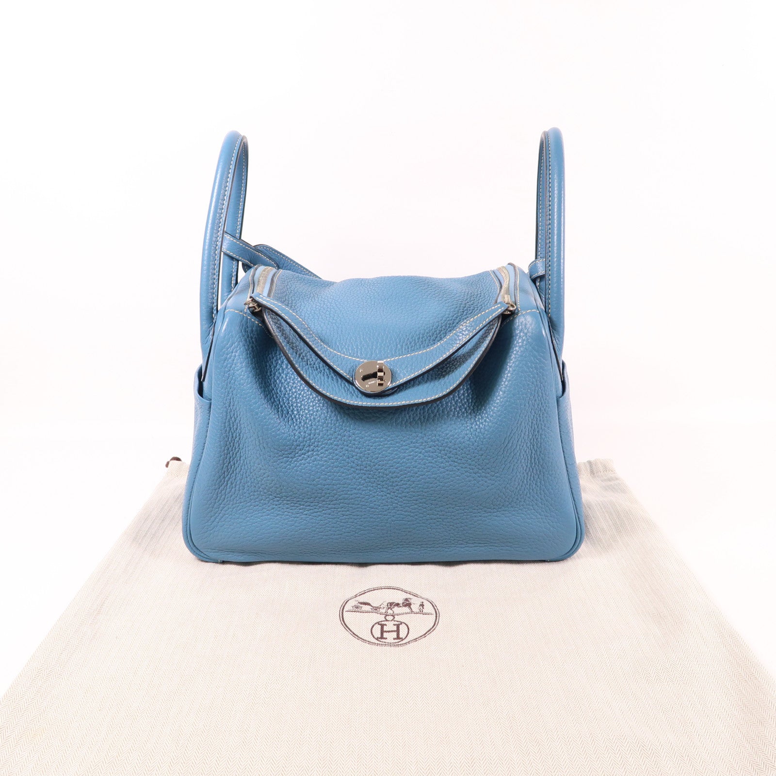 HERMES Clemence皮革Lindy 30銀扣手挽肩背兩用袋Bleu Jean