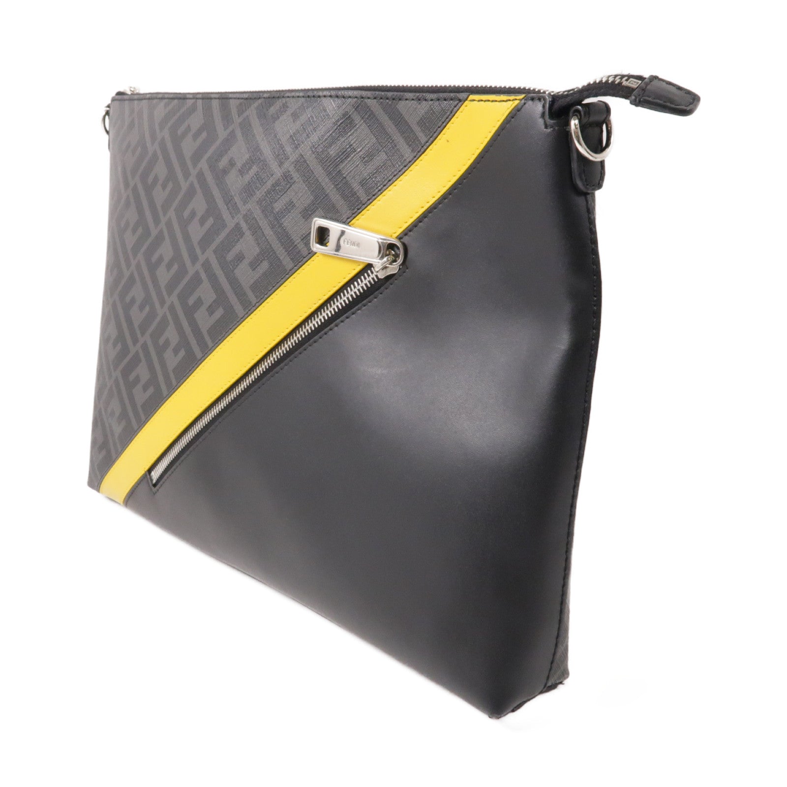 FENDI 塗層帆布/牛皮皮革Shoulder Bag銀扣肩背袋黑色/灰色/黃色