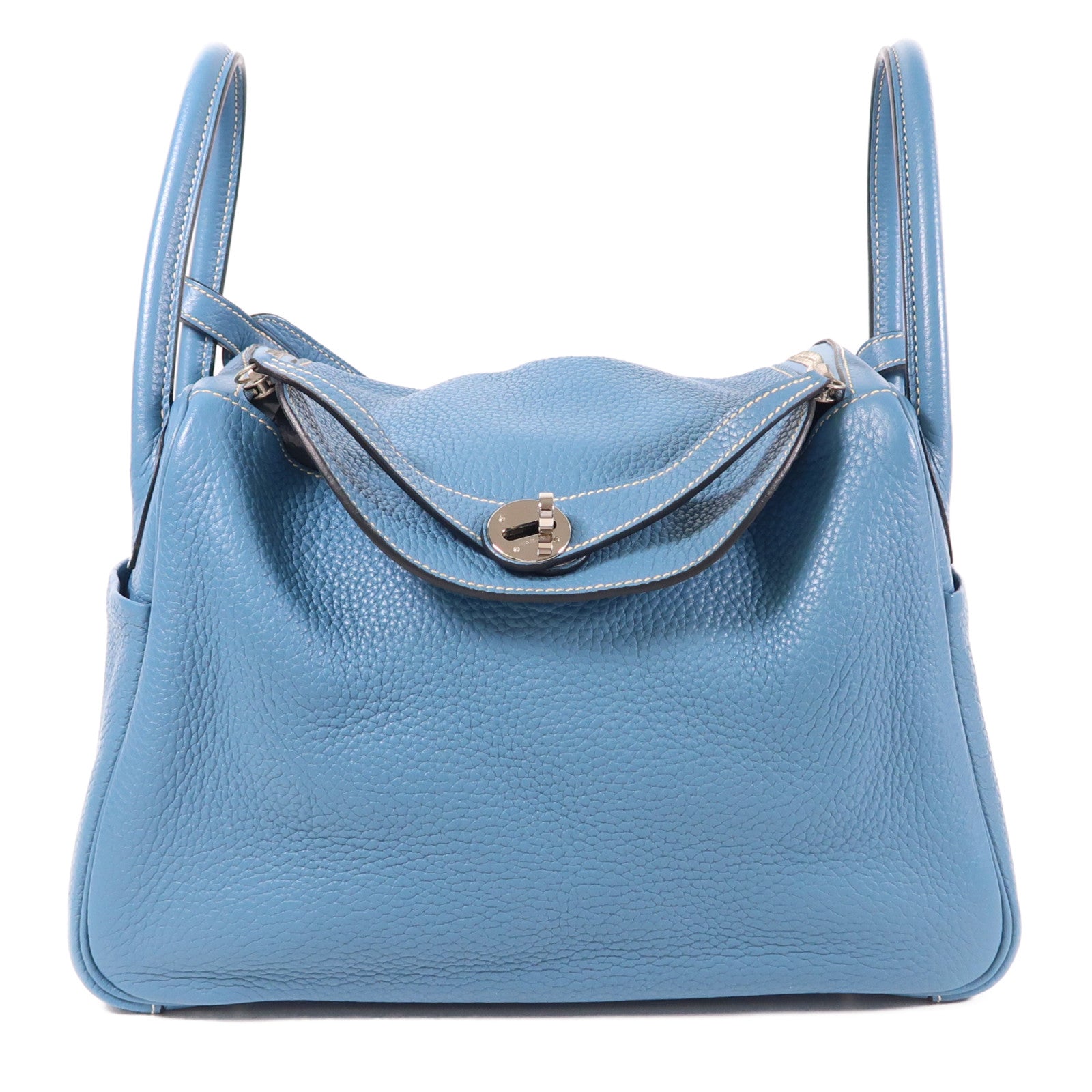 HERMES Clemence皮革Lindy 30銀扣手挽肩背兩用袋Bleu Jean