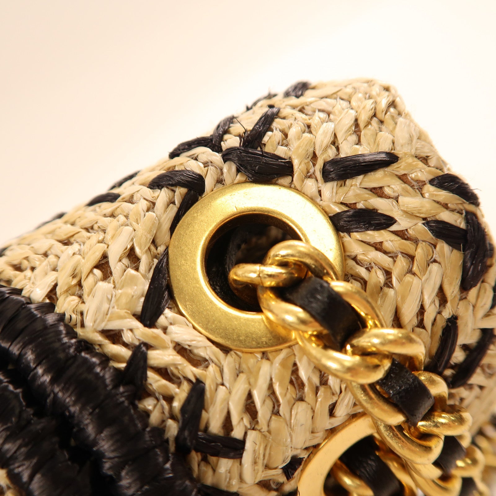 Tory Burch 藤料Chain Shoulder金扣鏈帶肩背袋米色/黑色