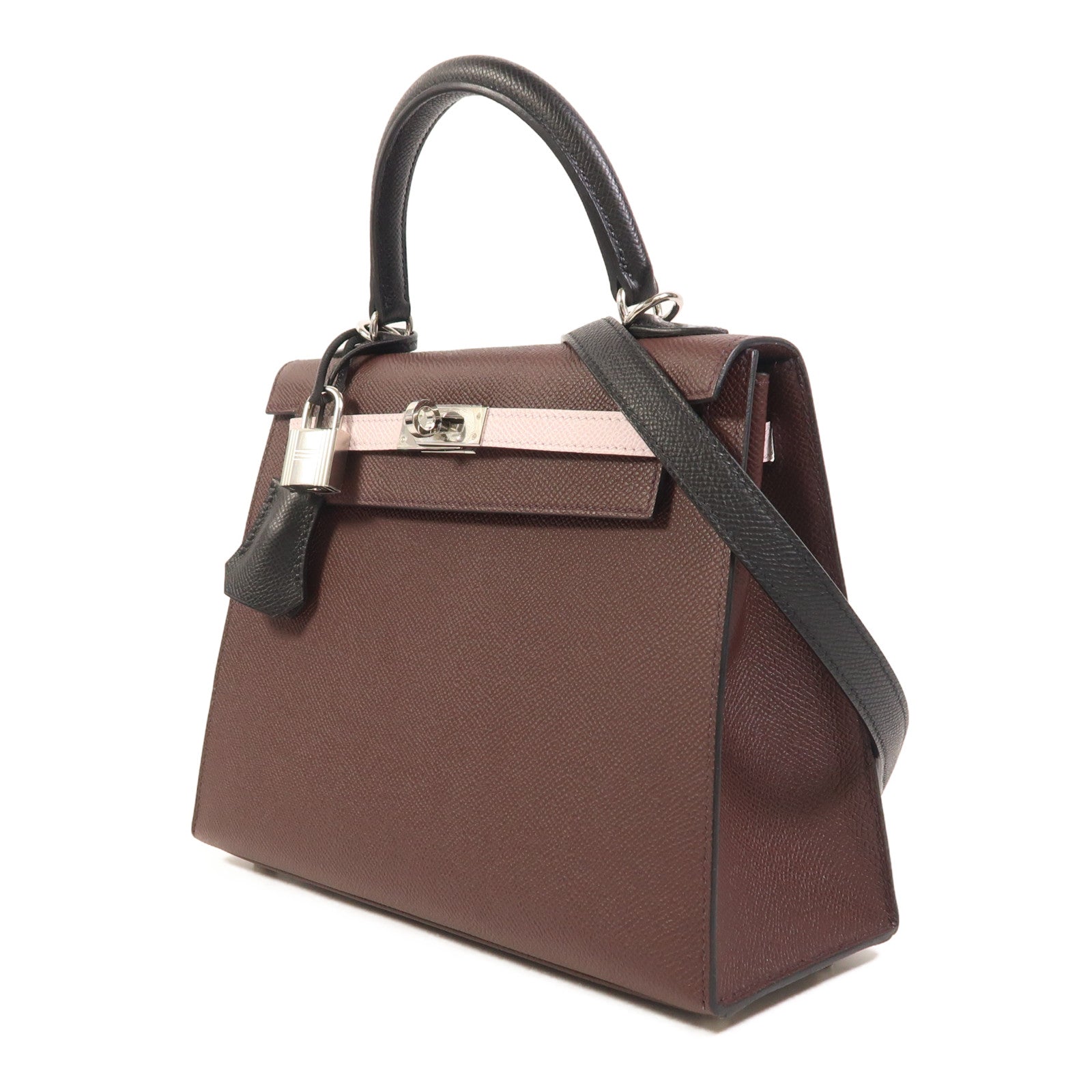 HERMES Epsom皮革Kelly 25銀扣手挽肩背兩用袋Rouge Sellier/Mauve Pale/Noir