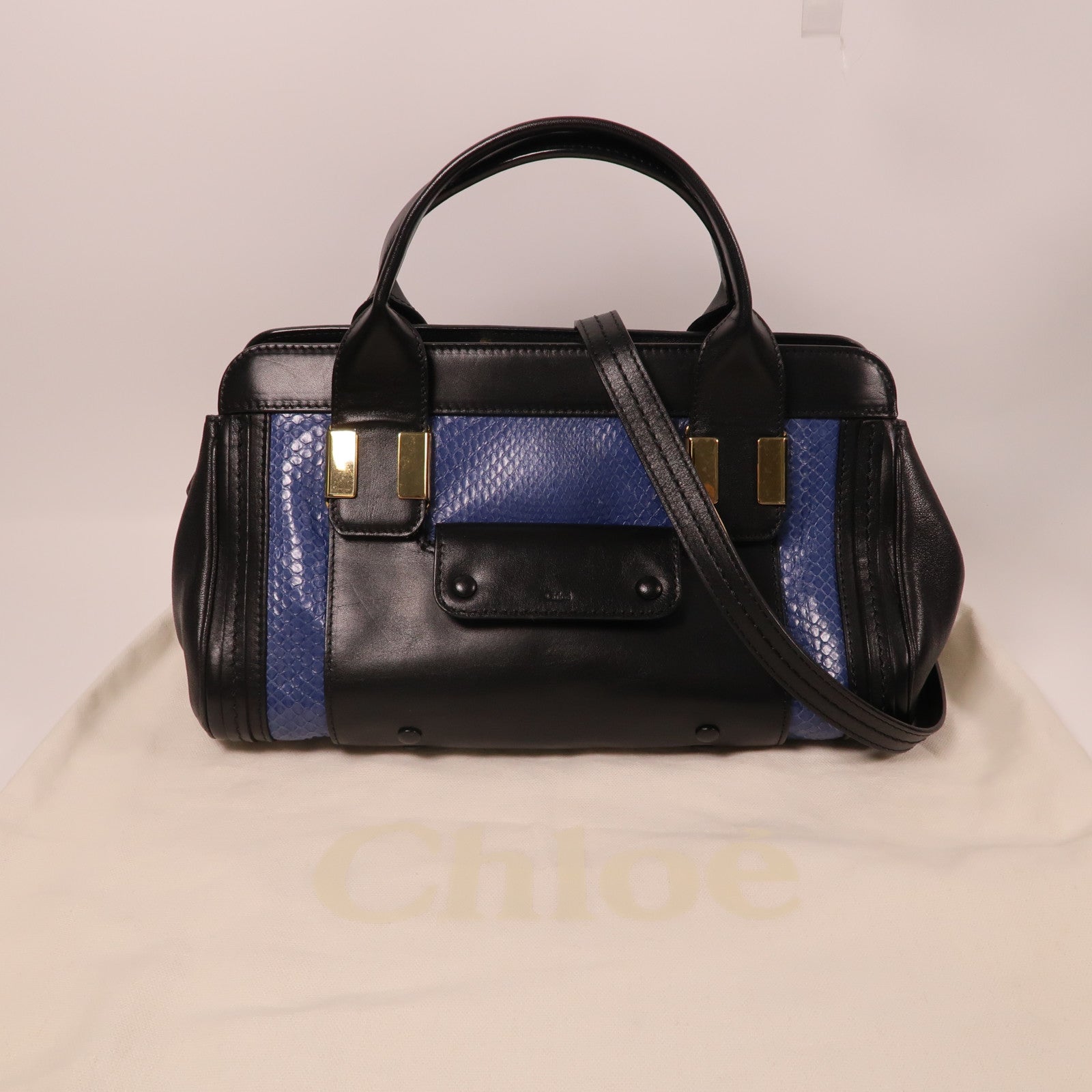 Chloe 牛皮皮革/蛇皮皮革Shoulder Bag金扣手挽肩背兩用袋藍色
