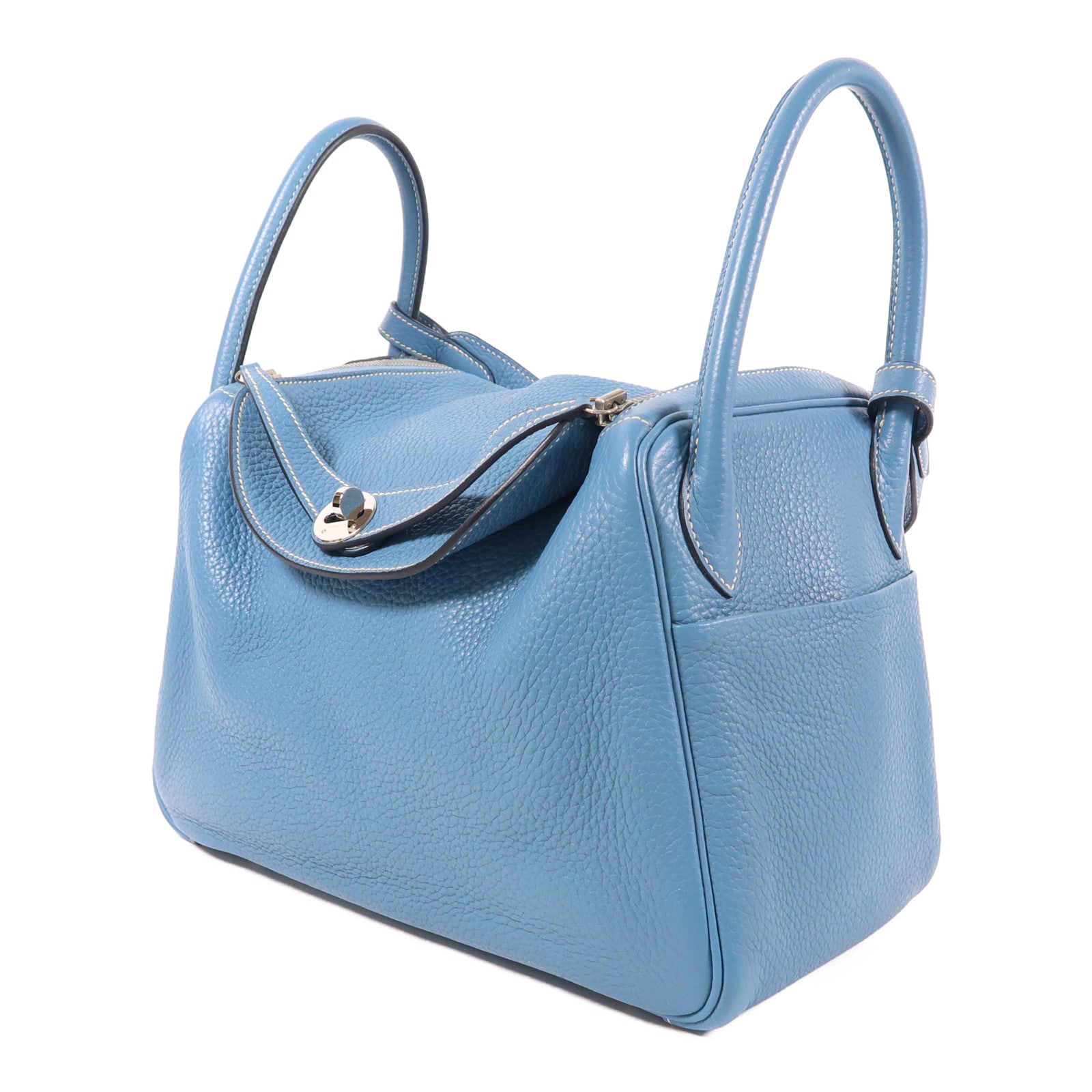 HERMES Clemence皮革Lindy 30銀扣手挽肩背兩用袋Bleu Jean