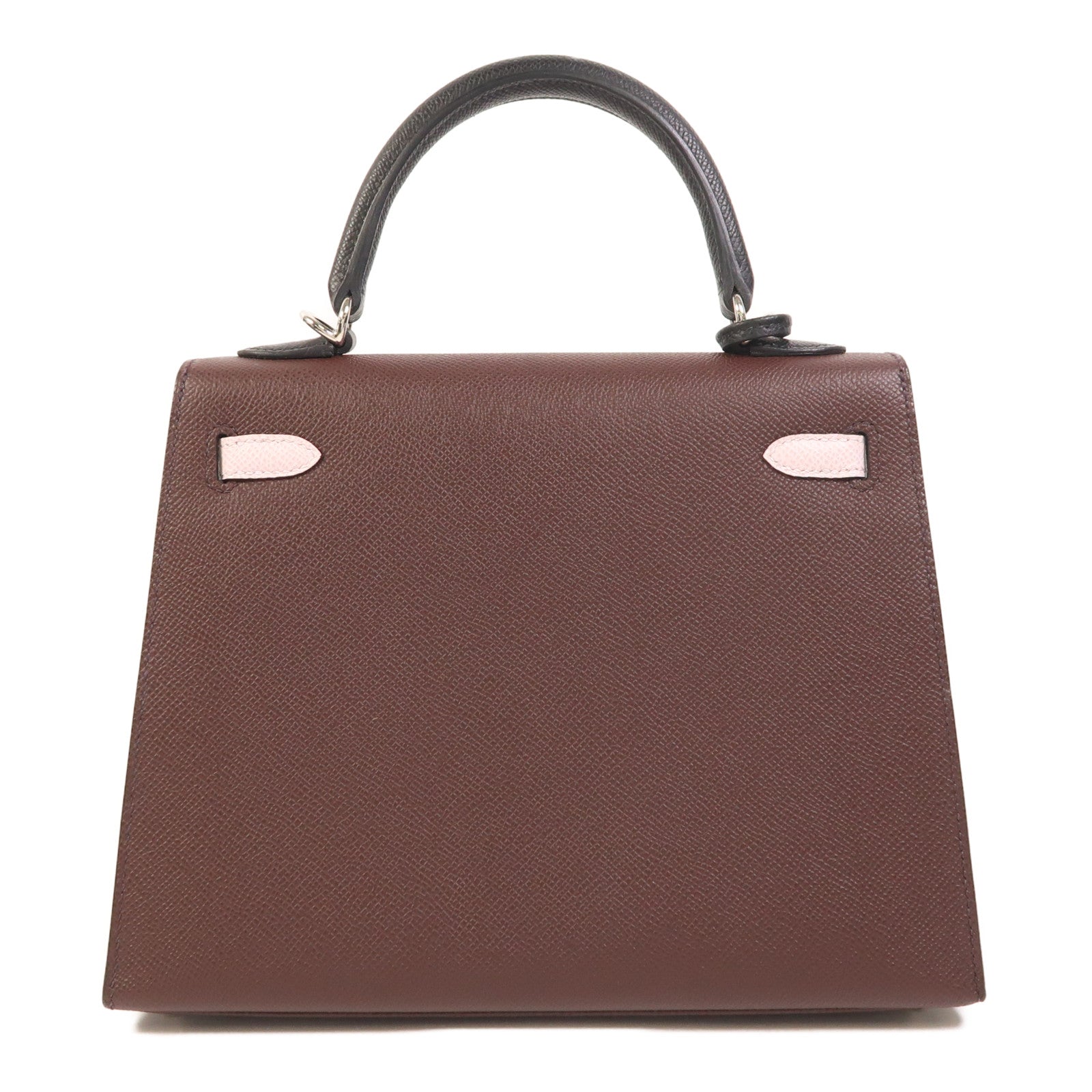 HERMES Epsom皮革Kelly 25銀扣手挽肩背兩用袋Rouge Sellier/Mauve Pale/Noir
