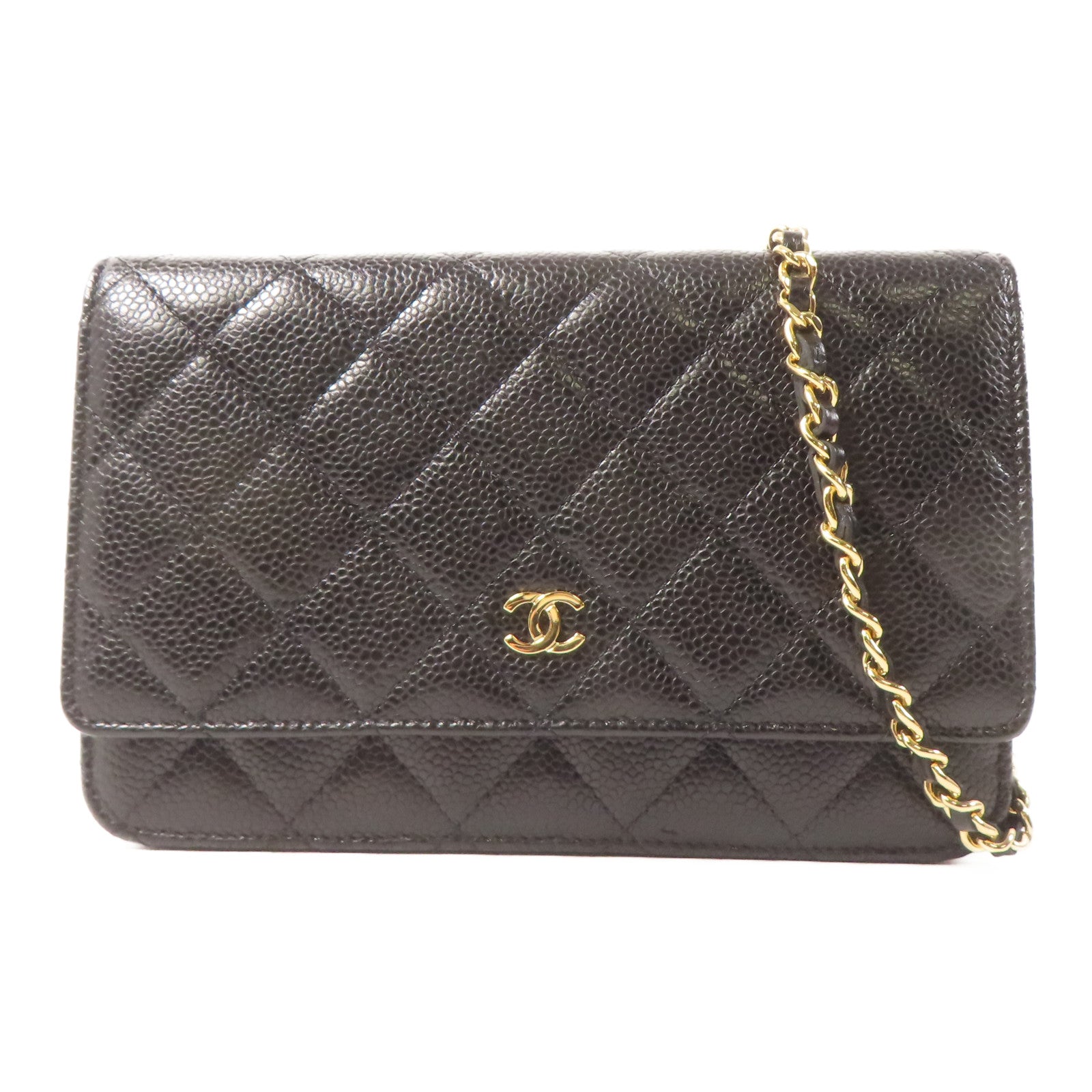 CHANEL 菱格Caviar皮革Wallet On Chain金扣鏈帶肩背袋黑色