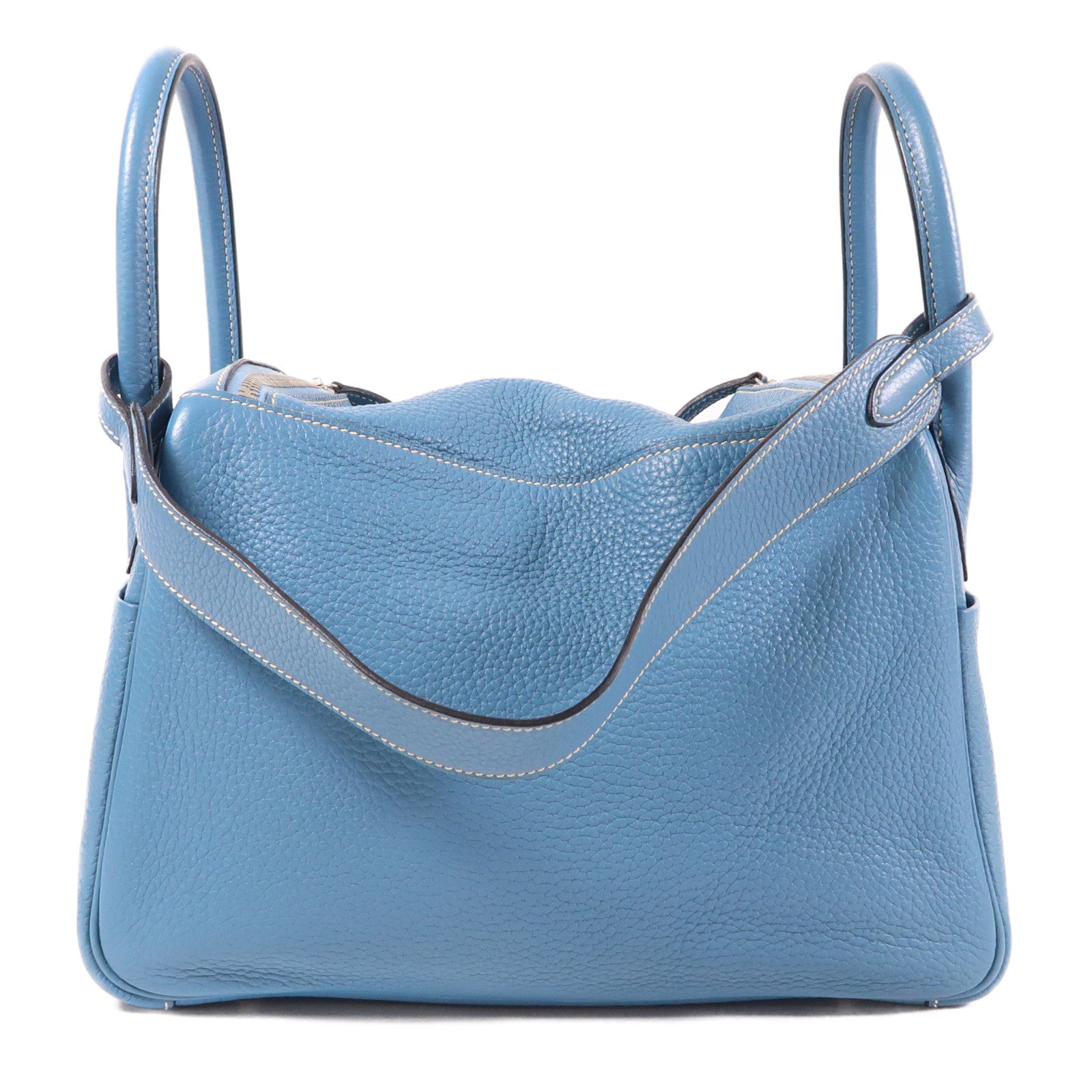 HERMES Clemence皮革Lindy 30銀扣手挽肩背兩用袋Bleu Jean