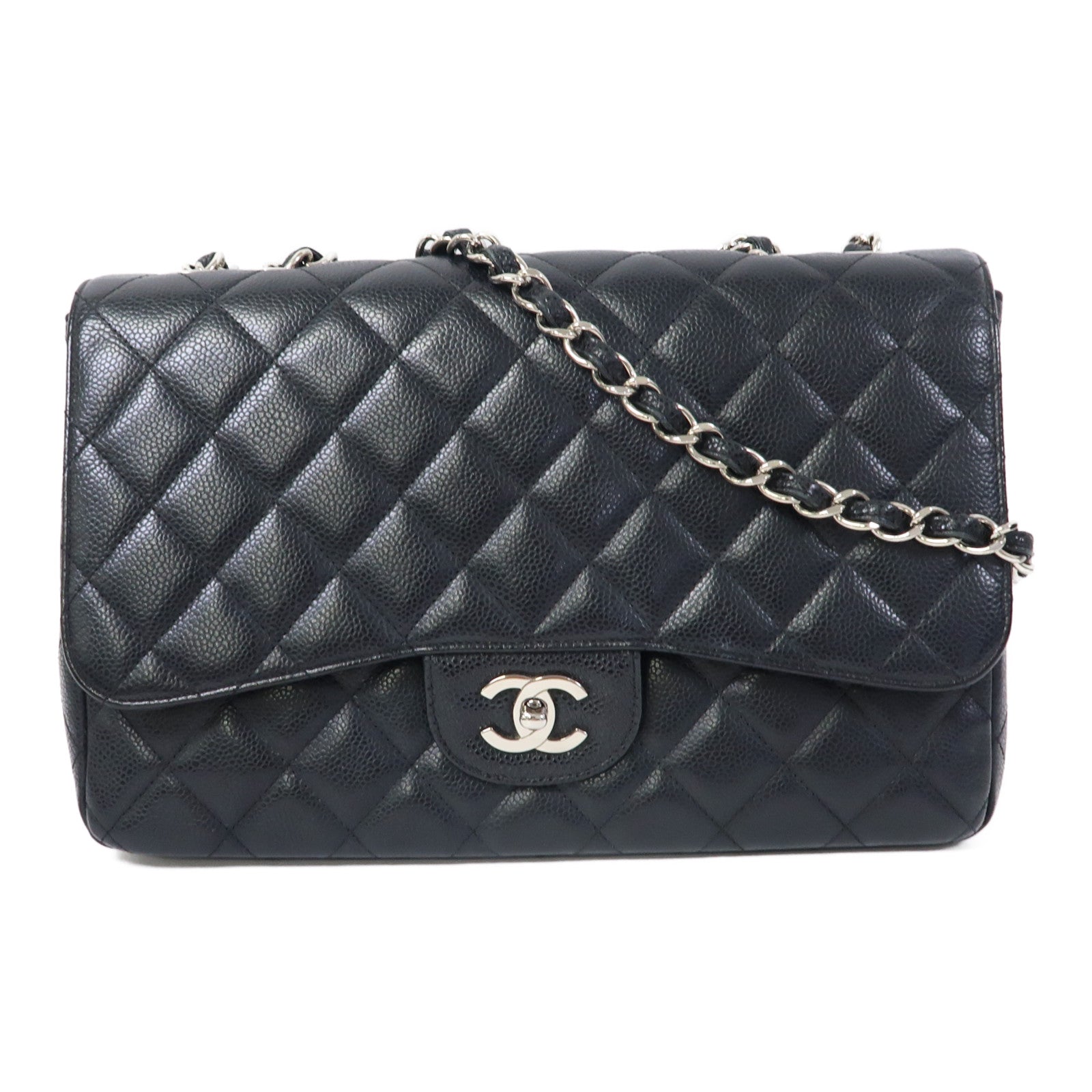 CHANEL 【激減優惠】菱格Caviar皮革Classic 30cm Chain Shoulder銀扣手挽肩背兩用袋黑色