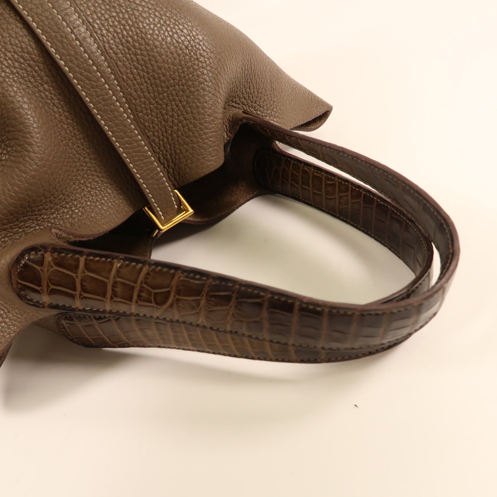 HERMES Alligator/Clemence皮革Picotin Touch MM金扣手挽袋Etoupe大象灰