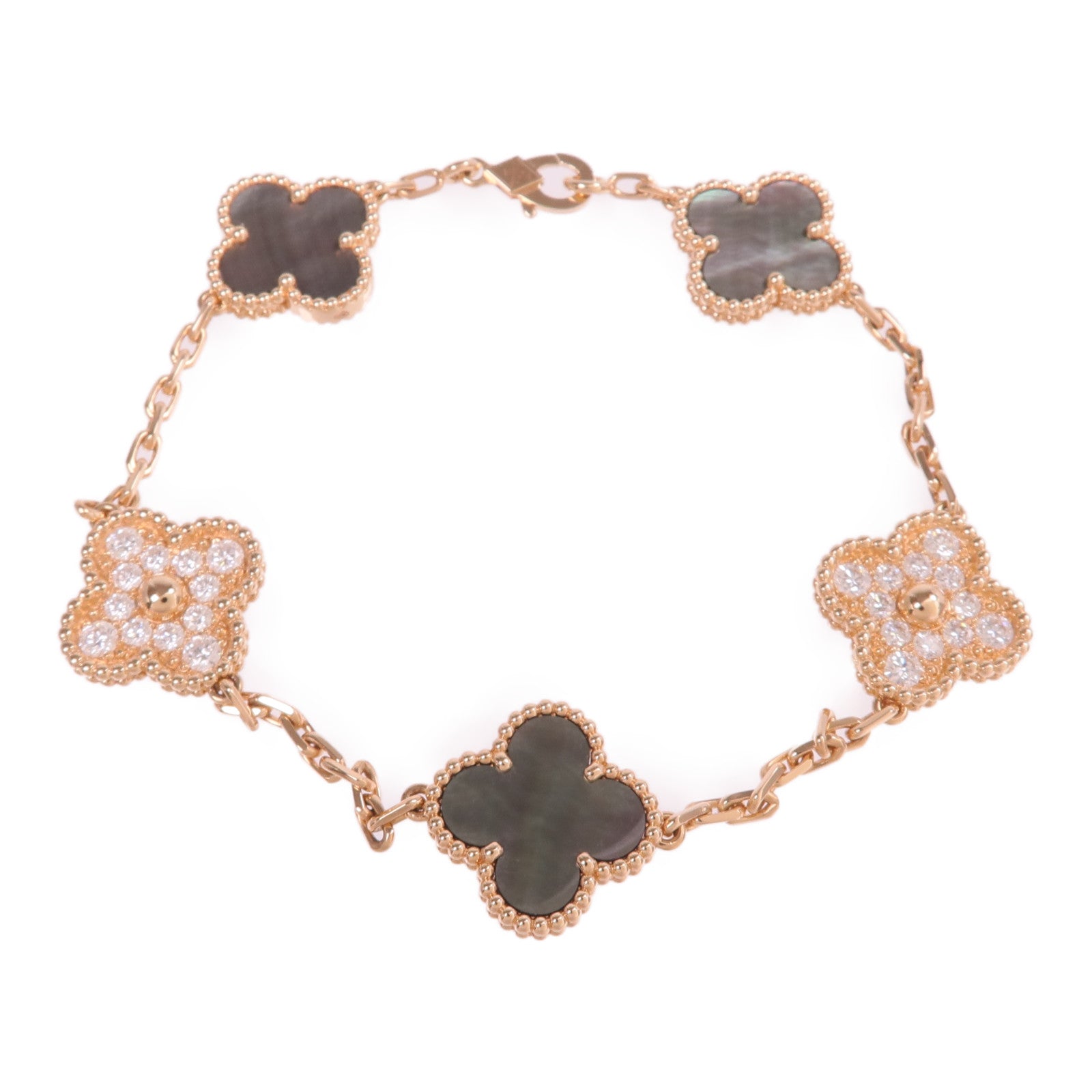 Van Cleef & Arpels 18K玫瑰金Vintage Alhambra Bracelet 5 Motifs珍珠母貝/鑽石手鏈