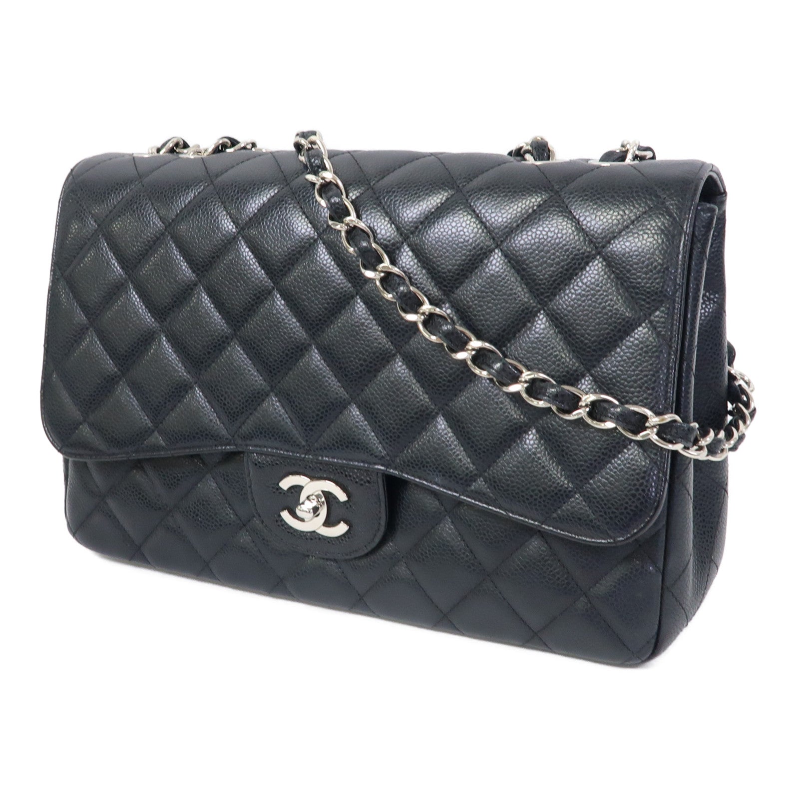 CHANEL 【激減優惠】菱格Caviar皮革Classic 30cm Chain Shoulder銀扣手挽肩背兩用袋黑色
