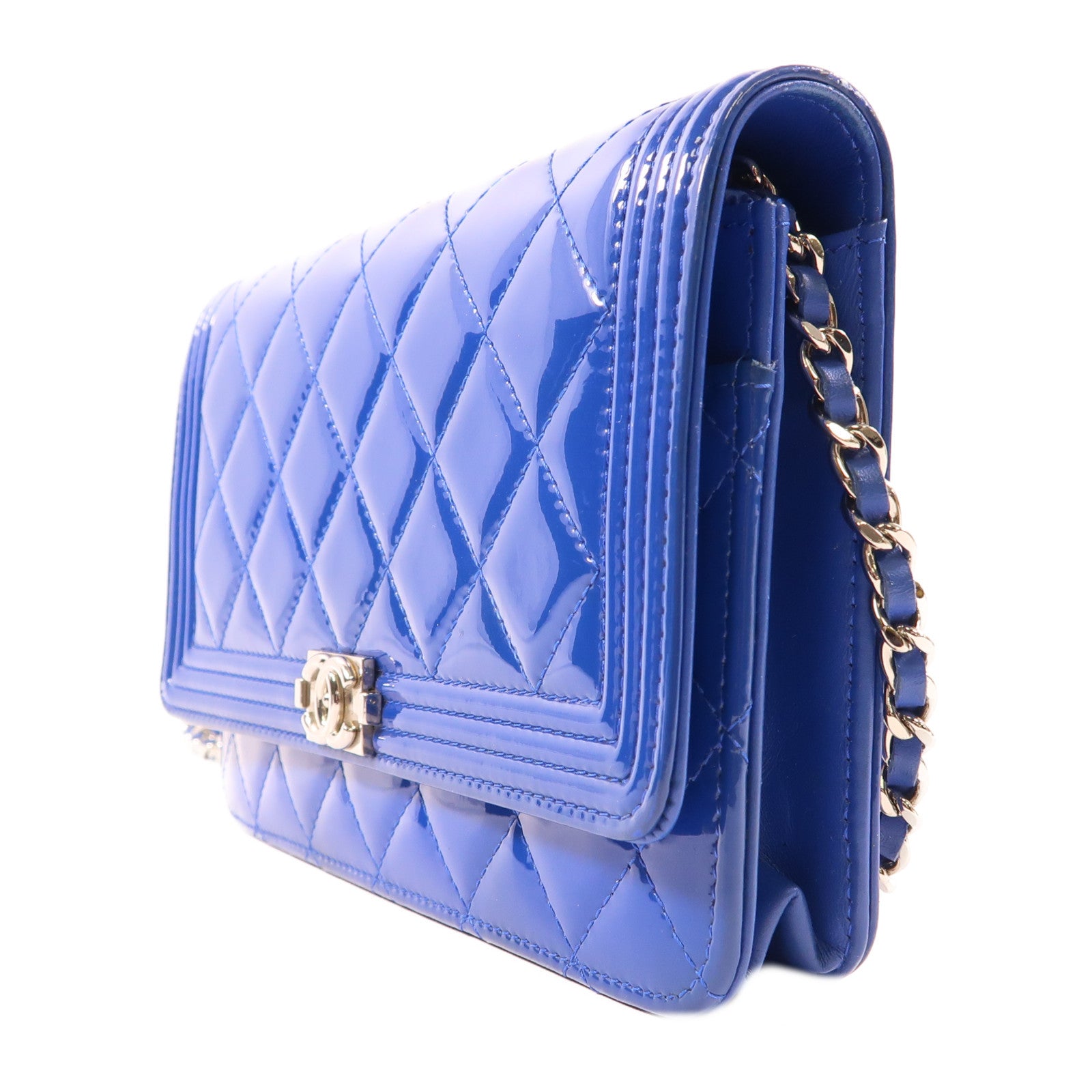 CHANEL 漆皮皮革Wallet On Chain銀扣肩背袋藍色