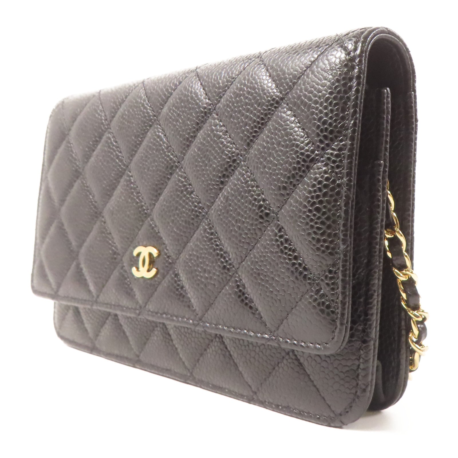 CHANEL 菱格Caviar皮革Wallet On Chain金扣鏈帶肩背袋黑色