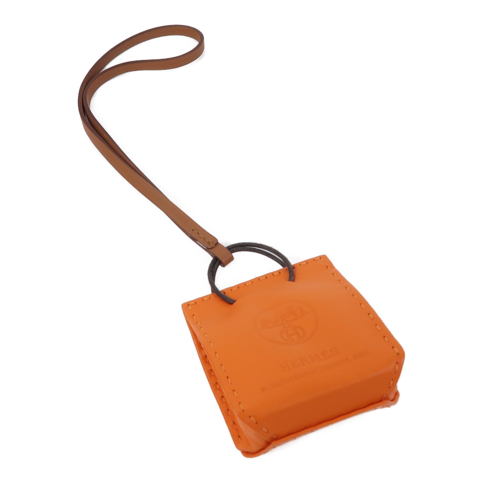 HERMES Swift皮革Shopping Bag Charm掛飾橙色