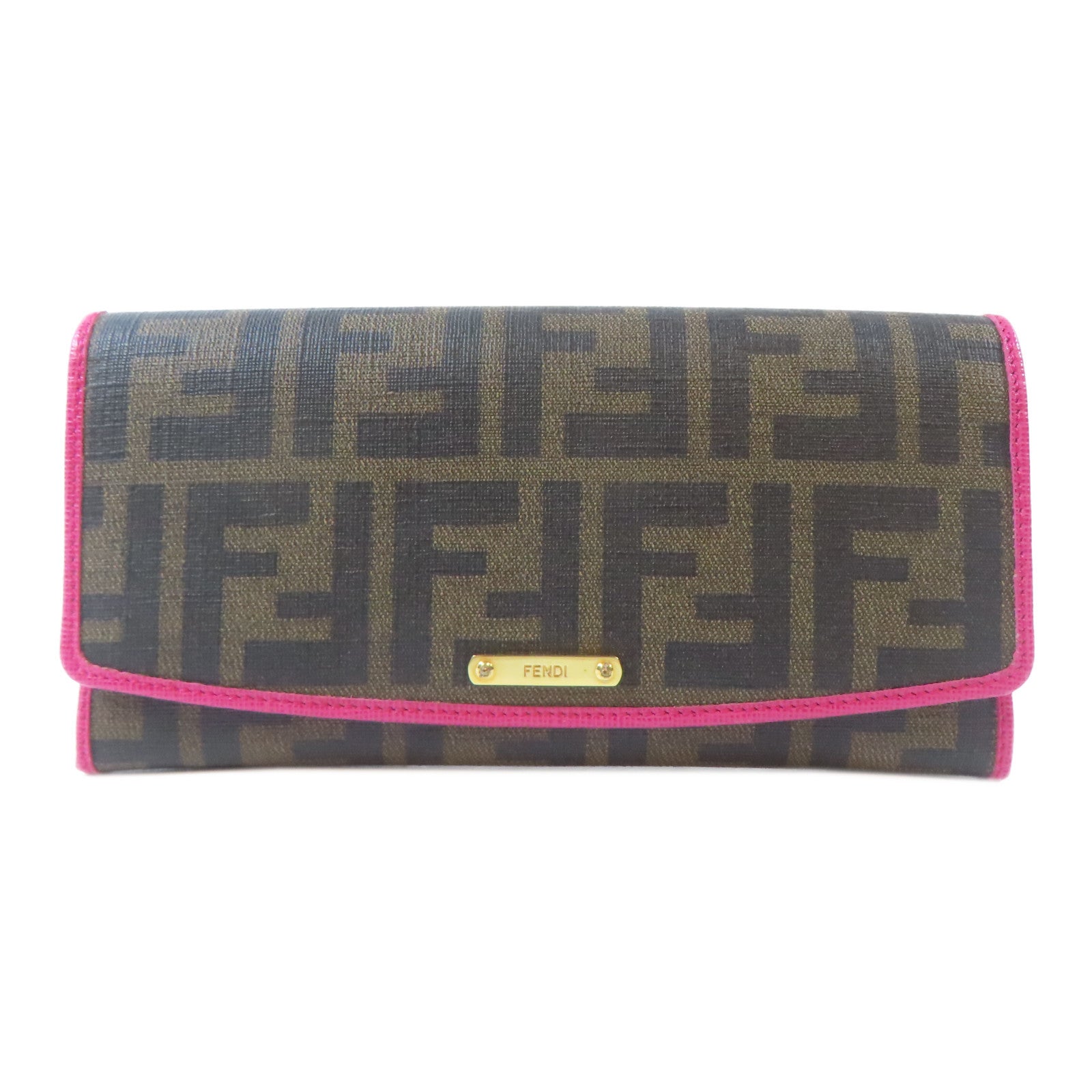 FENDI 【激減優惠】塗層帆布Long Wallet金扣長錢包啡色/粉紅色