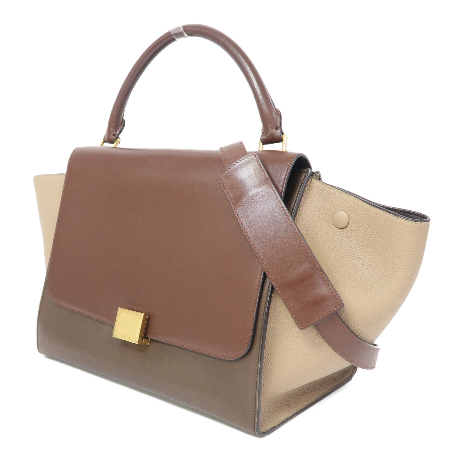 CELINE 牛皮皮革Trapeze金扣手挽肩背兩用袋酒紅色/卡其色/啡色