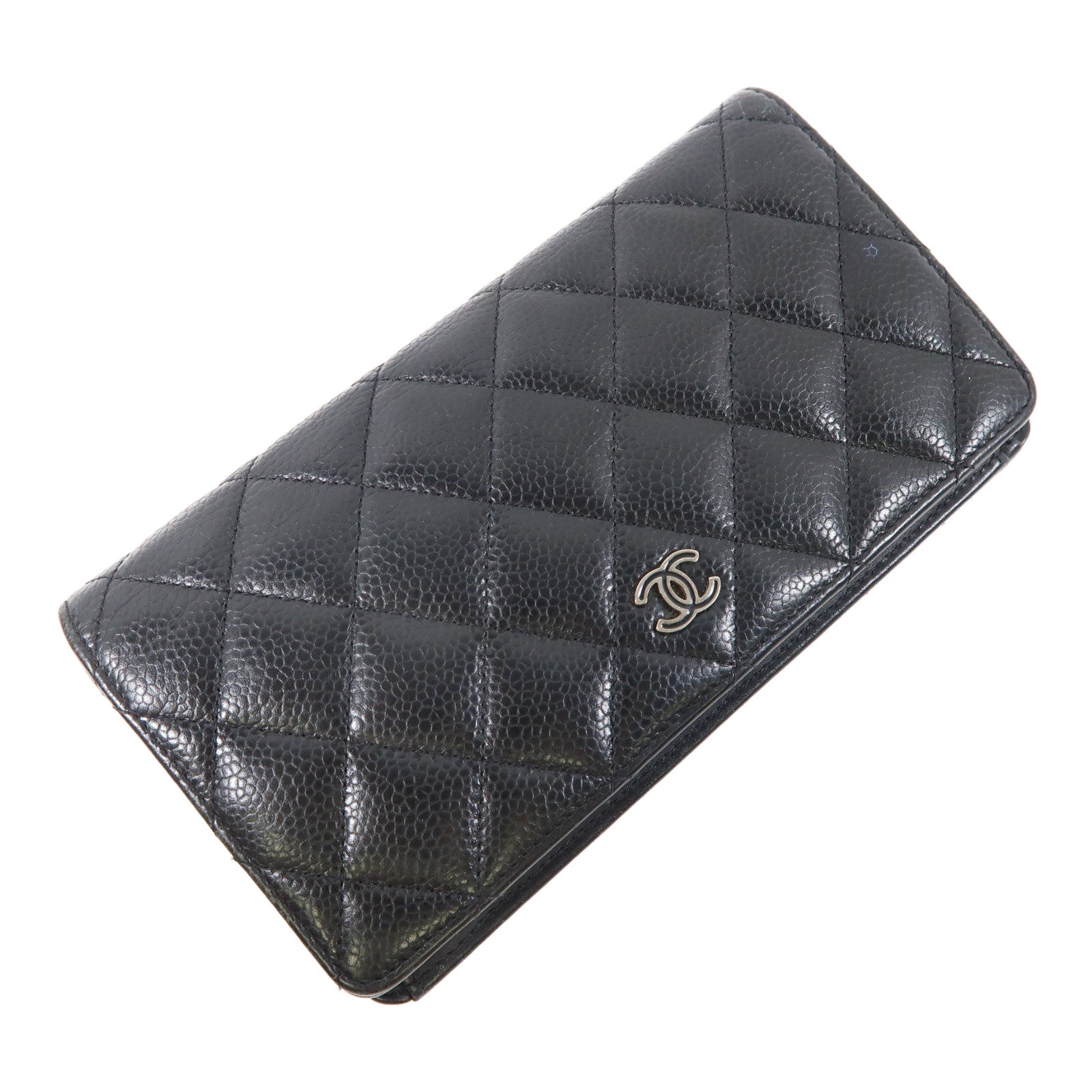 CHANEL 菱格牛皮皮革Long Wallet銀扣長錢包黑色