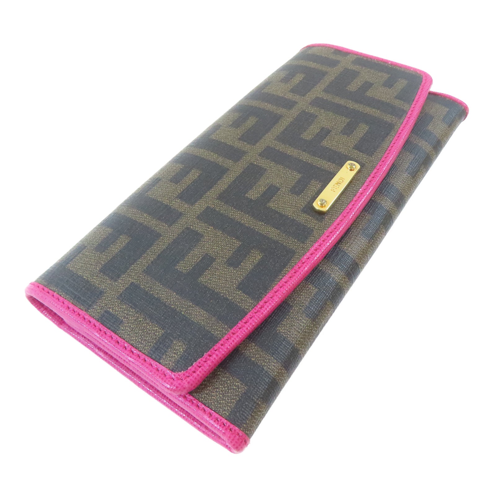 FENDI 【激減優惠】塗層帆布Long Wallet金扣長錢包啡色/粉紅色