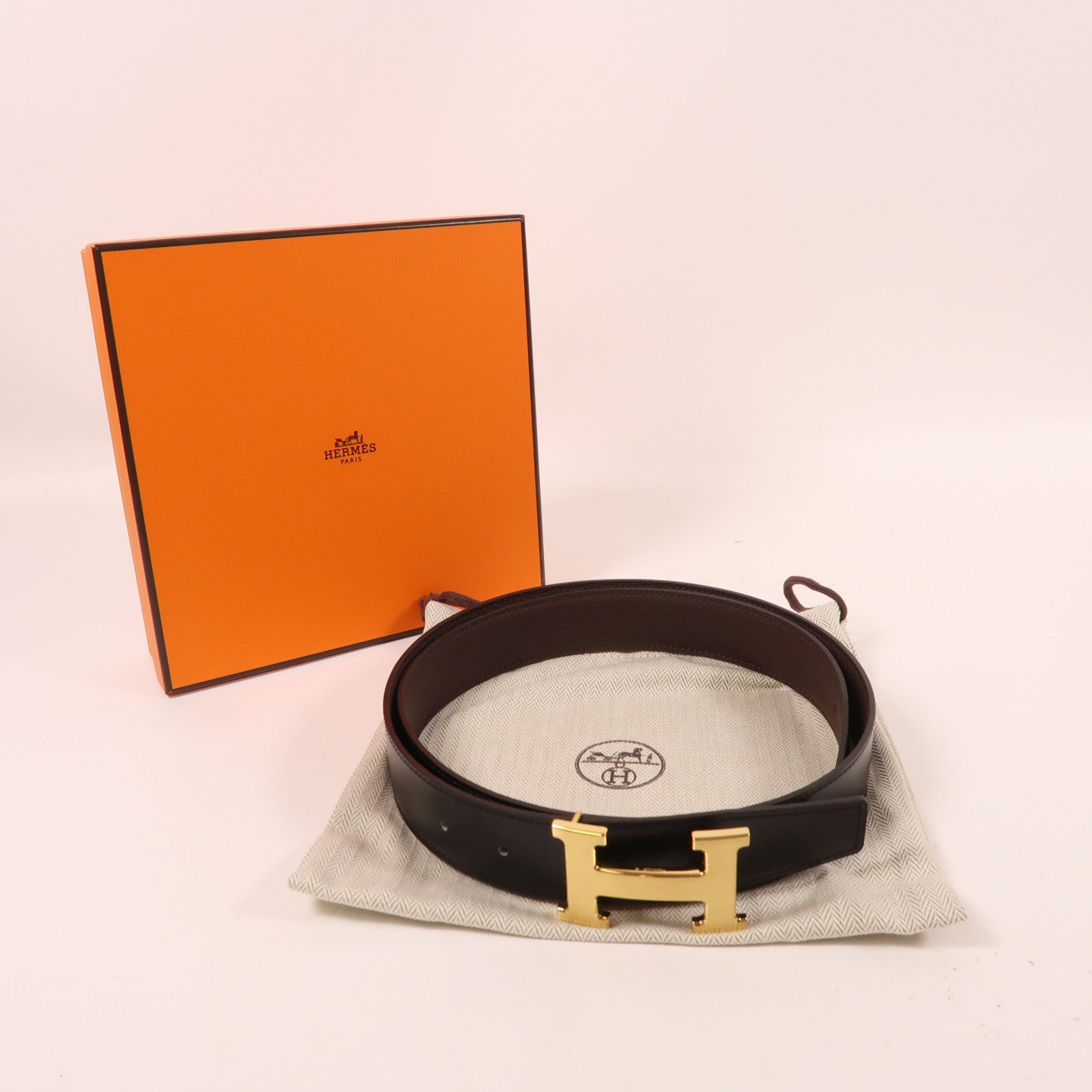 HERMES Veau 135/Togo皮革Belt金扣皮帶Noir/Chocolate