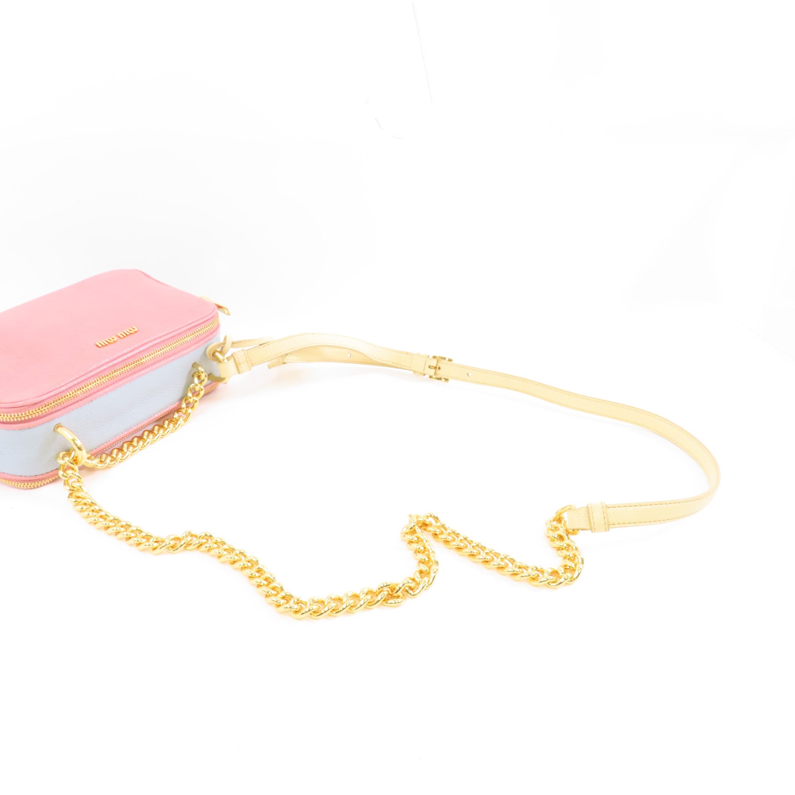 Miu Miu 牛皮皮革Chain Shoulder金扣鏈帶肩背袋粉紅色/淺藍色/淡黄色