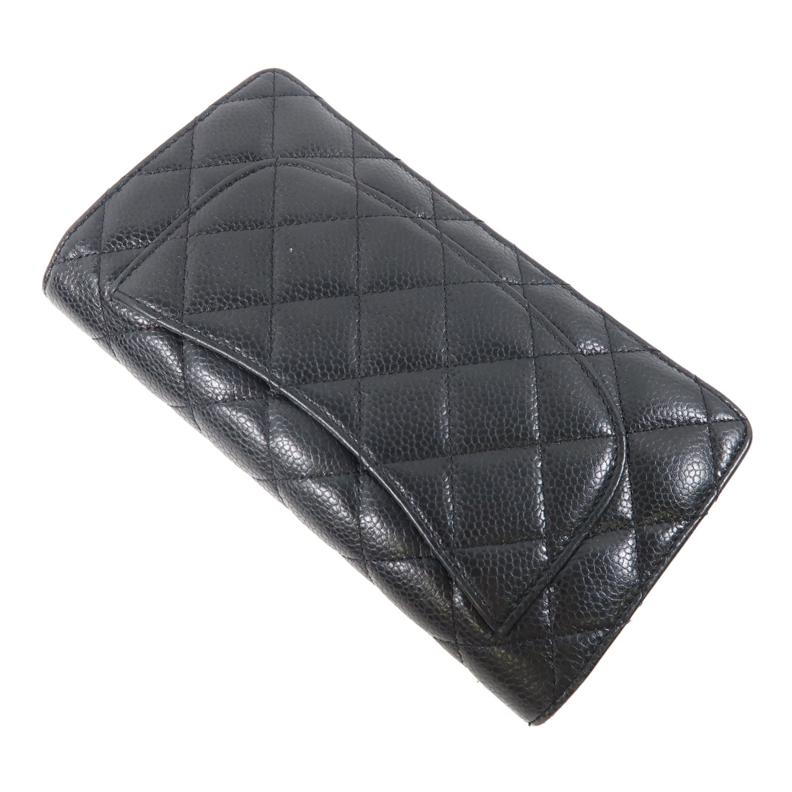 CHANEL 菱格牛皮皮革Long Wallet銀扣長錢包黑色