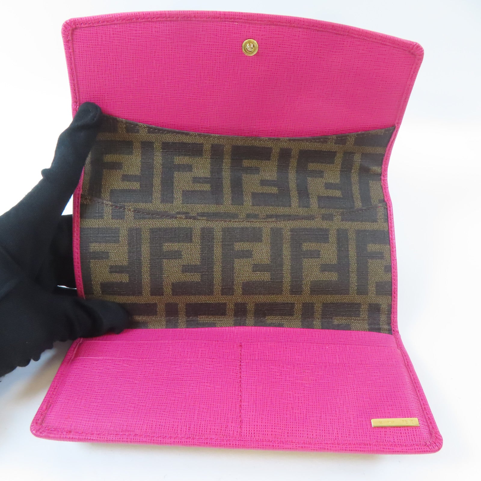 FENDI 【激減優惠】塗層帆布Long Wallet金扣長錢包啡色/粉紅色