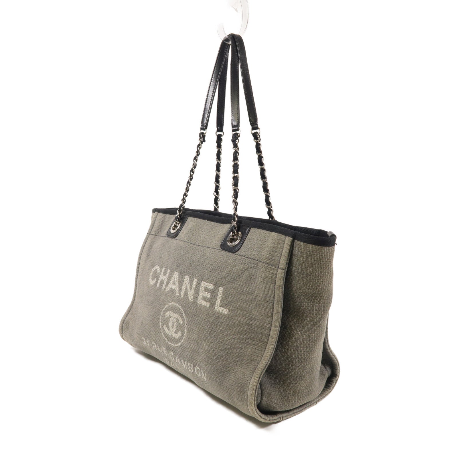 CHANEL 帆布Deauville Tote銀扣肩背袋