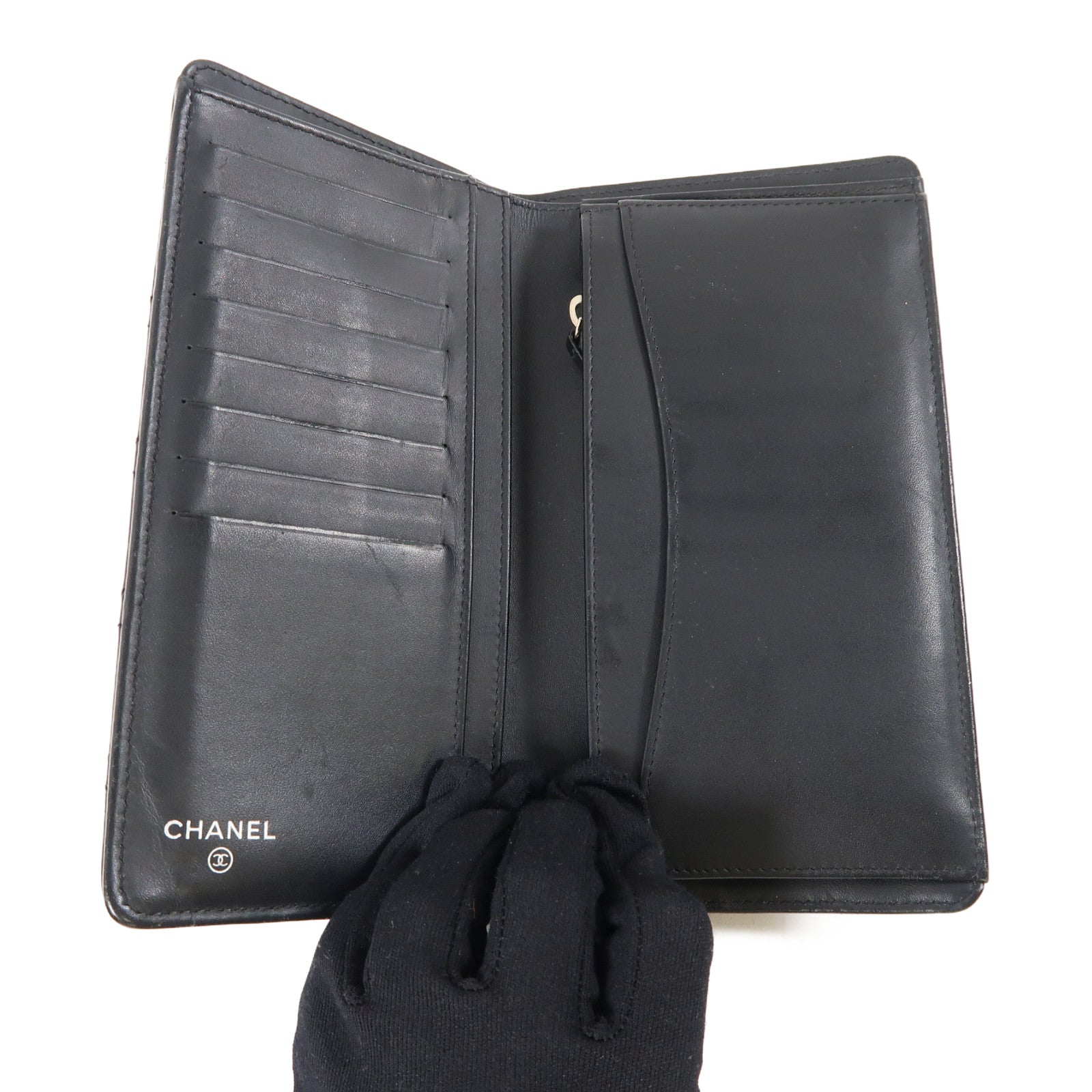 CHANEL 菱格牛皮皮革Long Wallet銀扣長錢包黑色