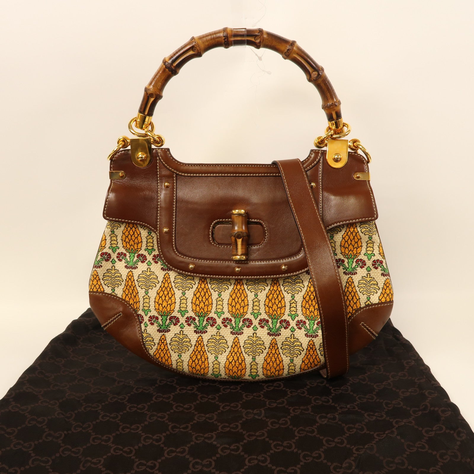 GUCCI GG GHW Pigna Print Peggy Bamboo 2 Way Shoulder Bag Handbag Canvas Leather