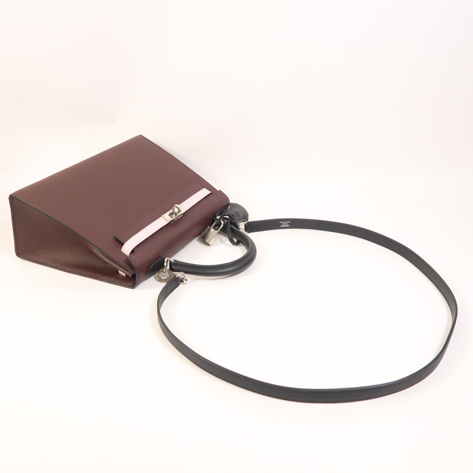 HERMES Epsom皮革Kelly 25銀扣手挽肩背兩用袋Rouge Sellier/Mauve Pale/Noir