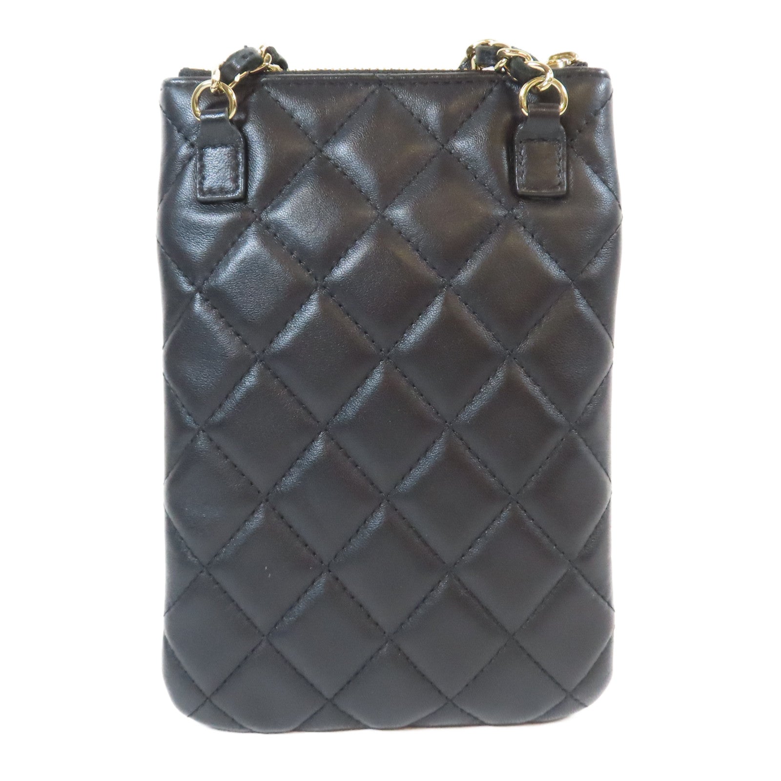 CHANEL 菱格羊皮皮革Phone Bag金扣鏈帶肩背袋黑色