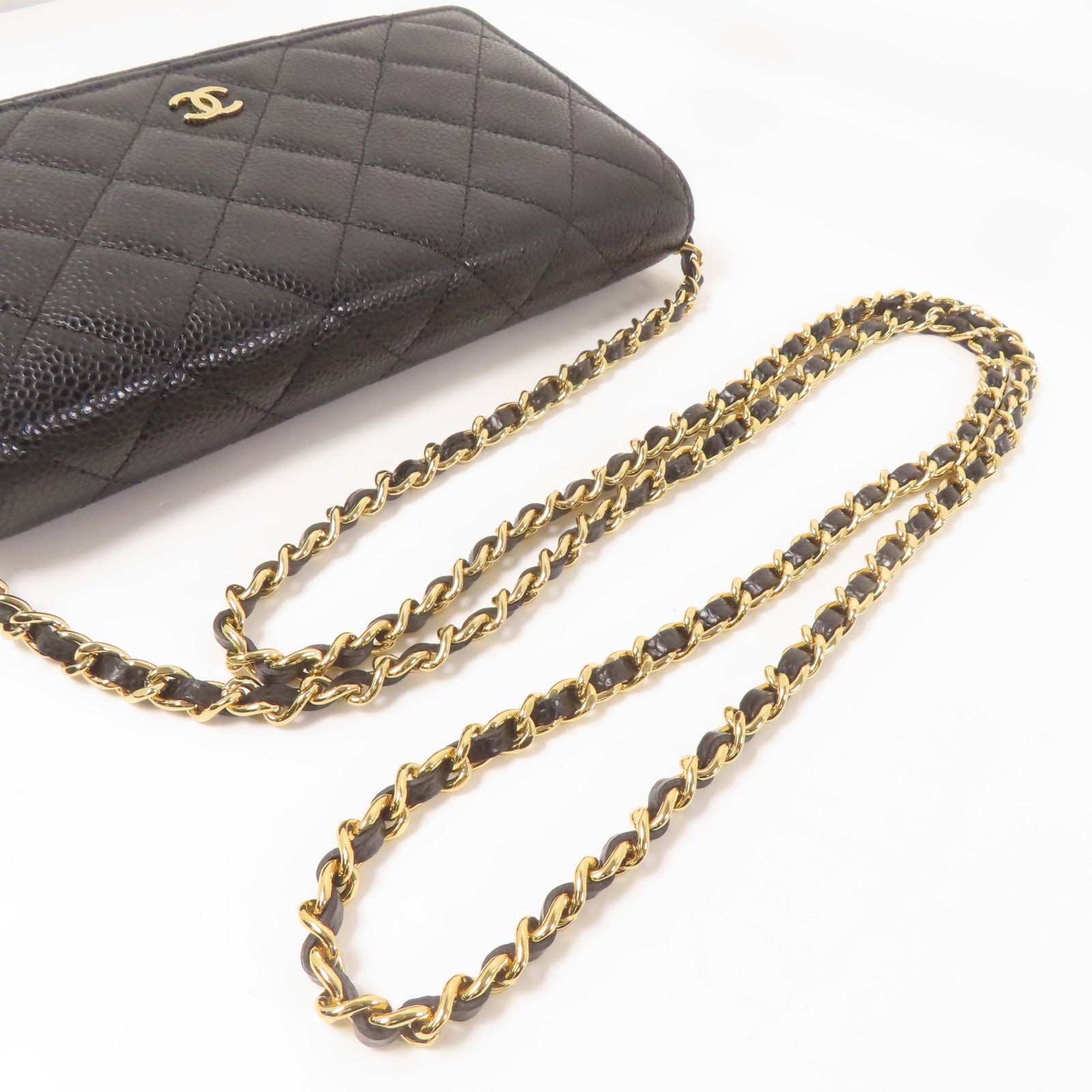 CHANEL 菱格Caviar皮革Wallet On Chain金扣鏈帶肩背袋黑色