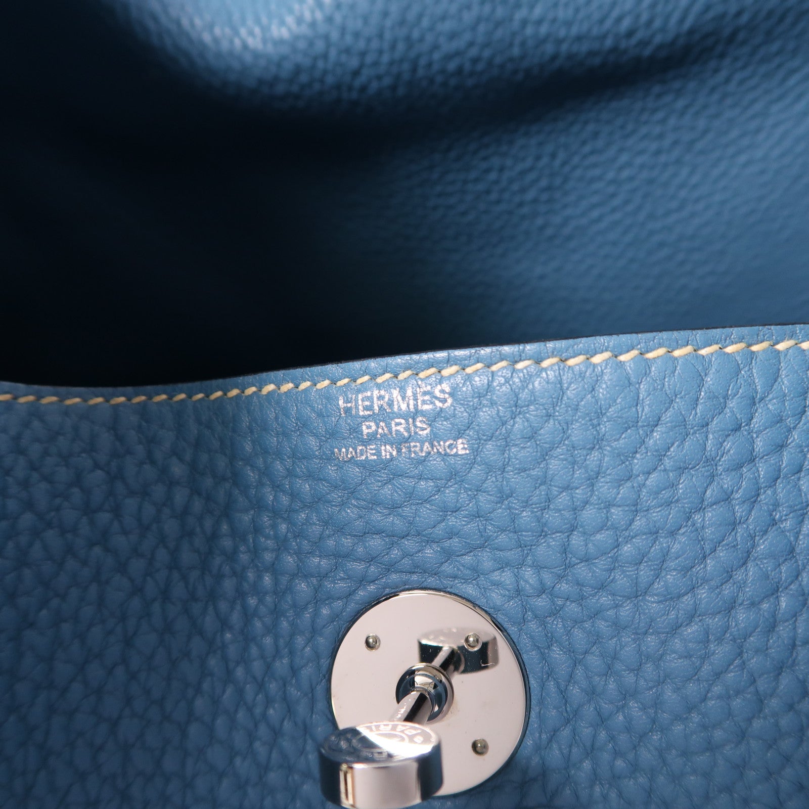 HERMES Clemence皮革Lindy 30銀扣手挽肩背兩用袋Bleu Jean