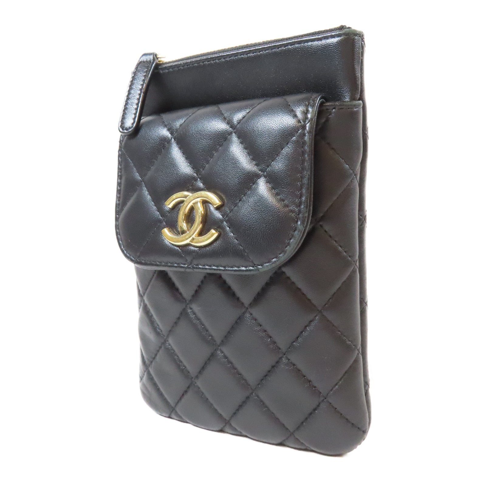 CHANEL 菱格羊皮皮革Phone Bag金扣鏈帶肩背袋黑色