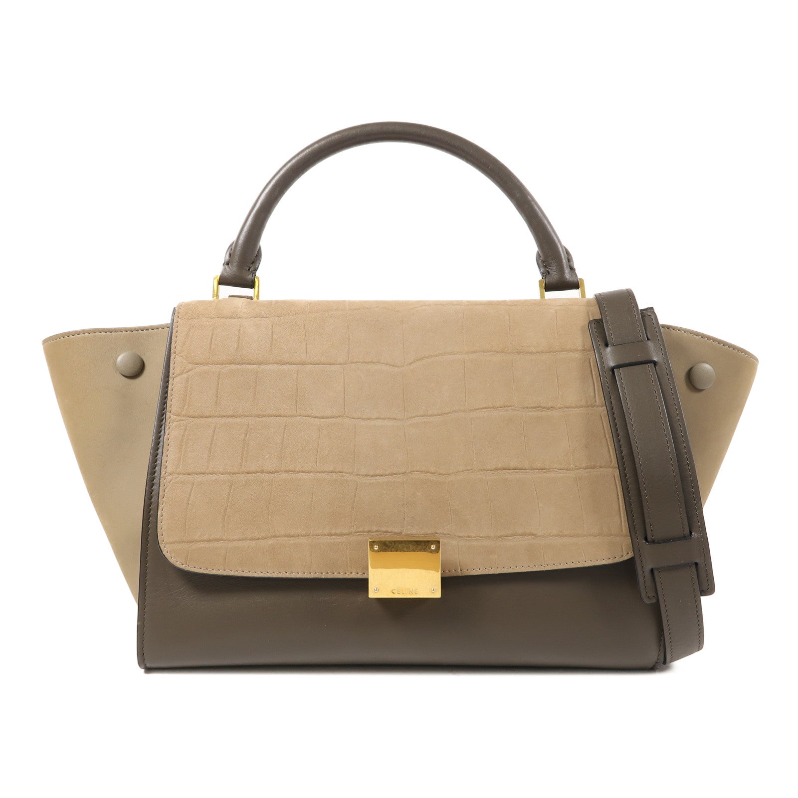 CELINE 牛皮皮革Trapeze金扣手挽肩背兩用袋啡色/灰色
