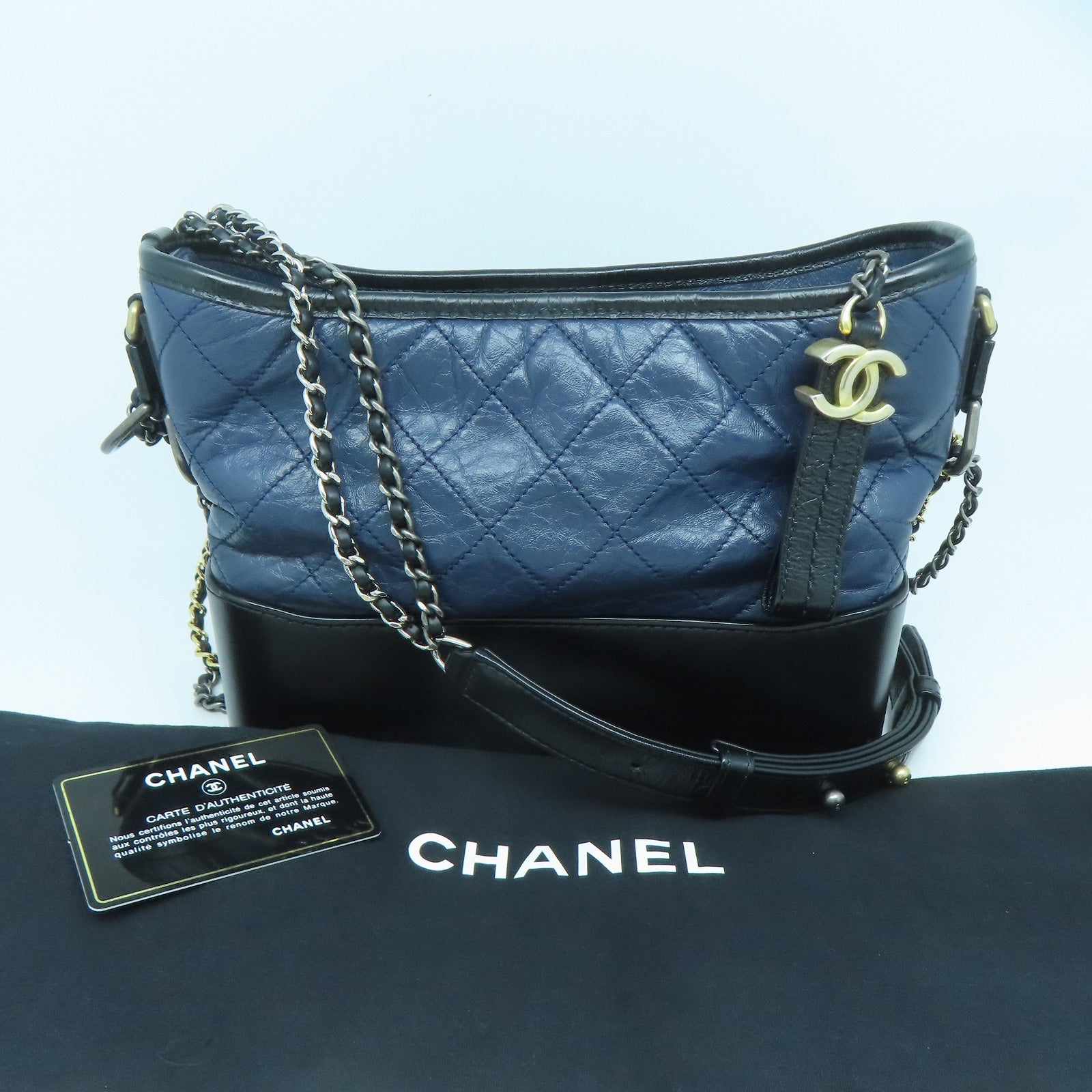 CHANEL **【清倉大減價】菱格牛皮皮革Gabrielle PM金扣/銀扣鏈帶肩背袋藍色/黑色