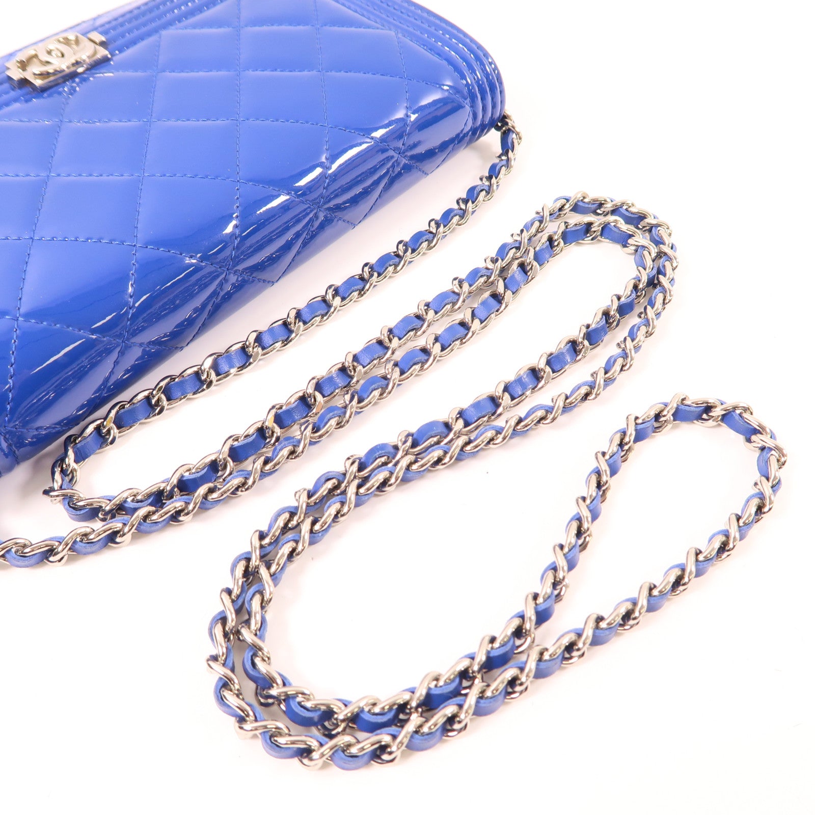 CHANEL 漆皮皮革Wallet On Chain銀扣肩背袋藍色