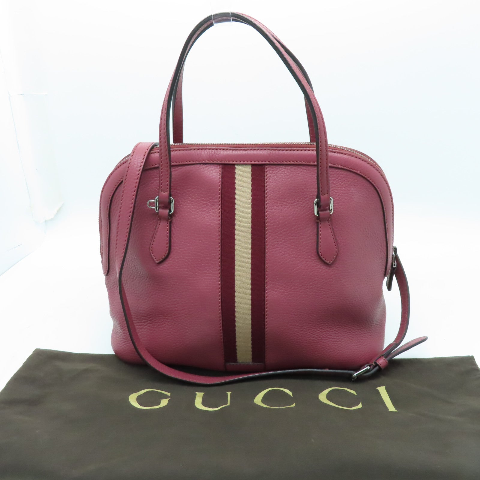 GUCCI 【清倉大減價】牛皮皮革2 Way Shoulder銀扣手挽肩背兩用袋粉紅色