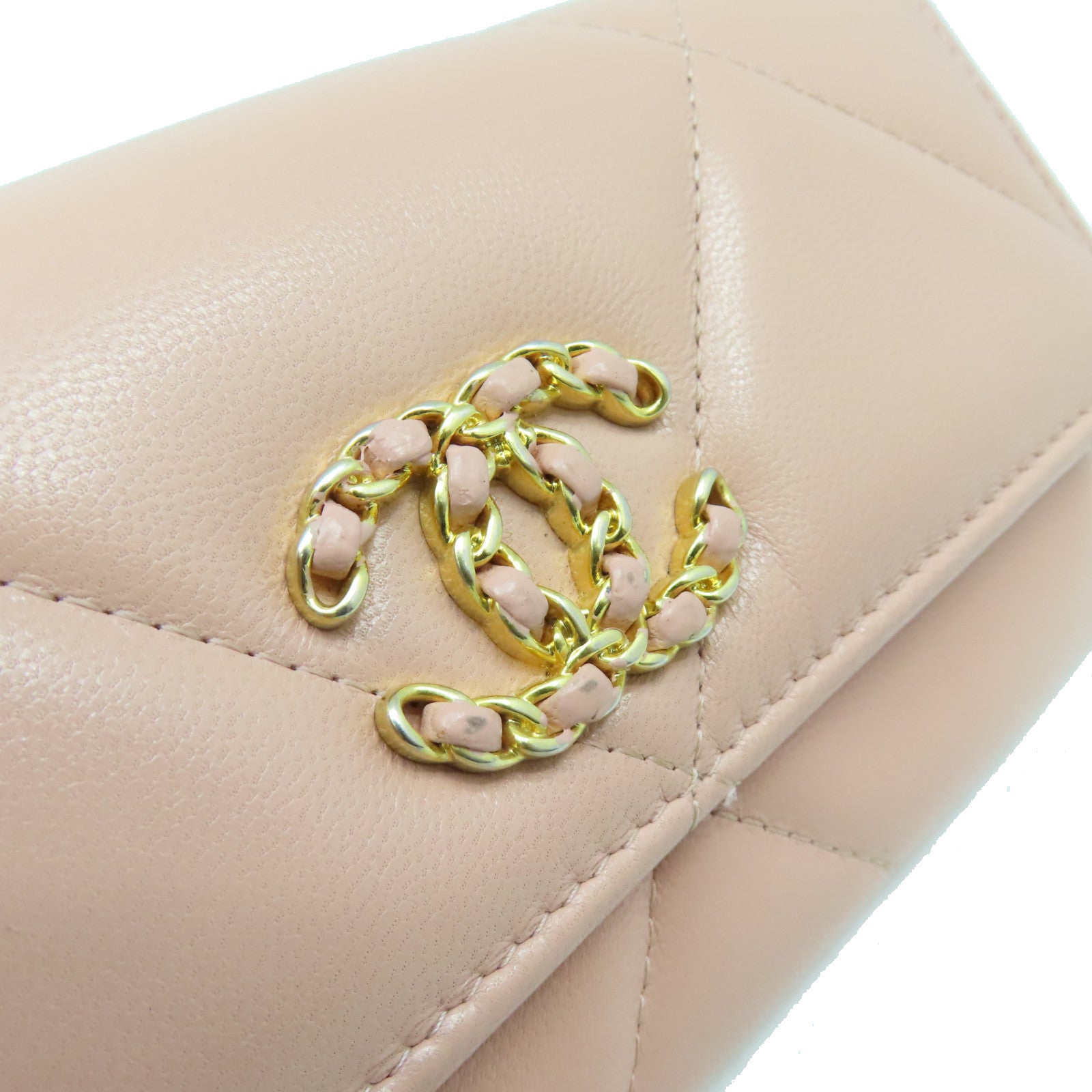 CHANEL 菱格牛皮皮革Middle Wallet金扣錢包粉紅色