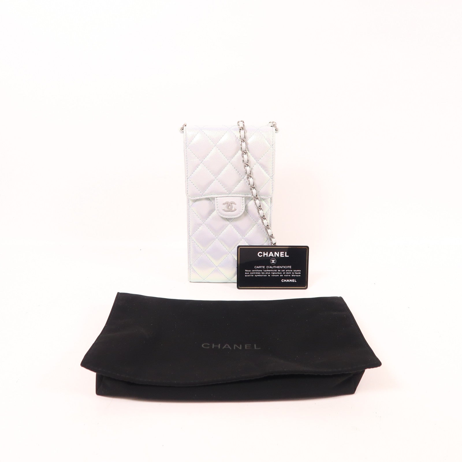 CHANEL 皮革Phone Holder銀扣鏈帶肩背袋